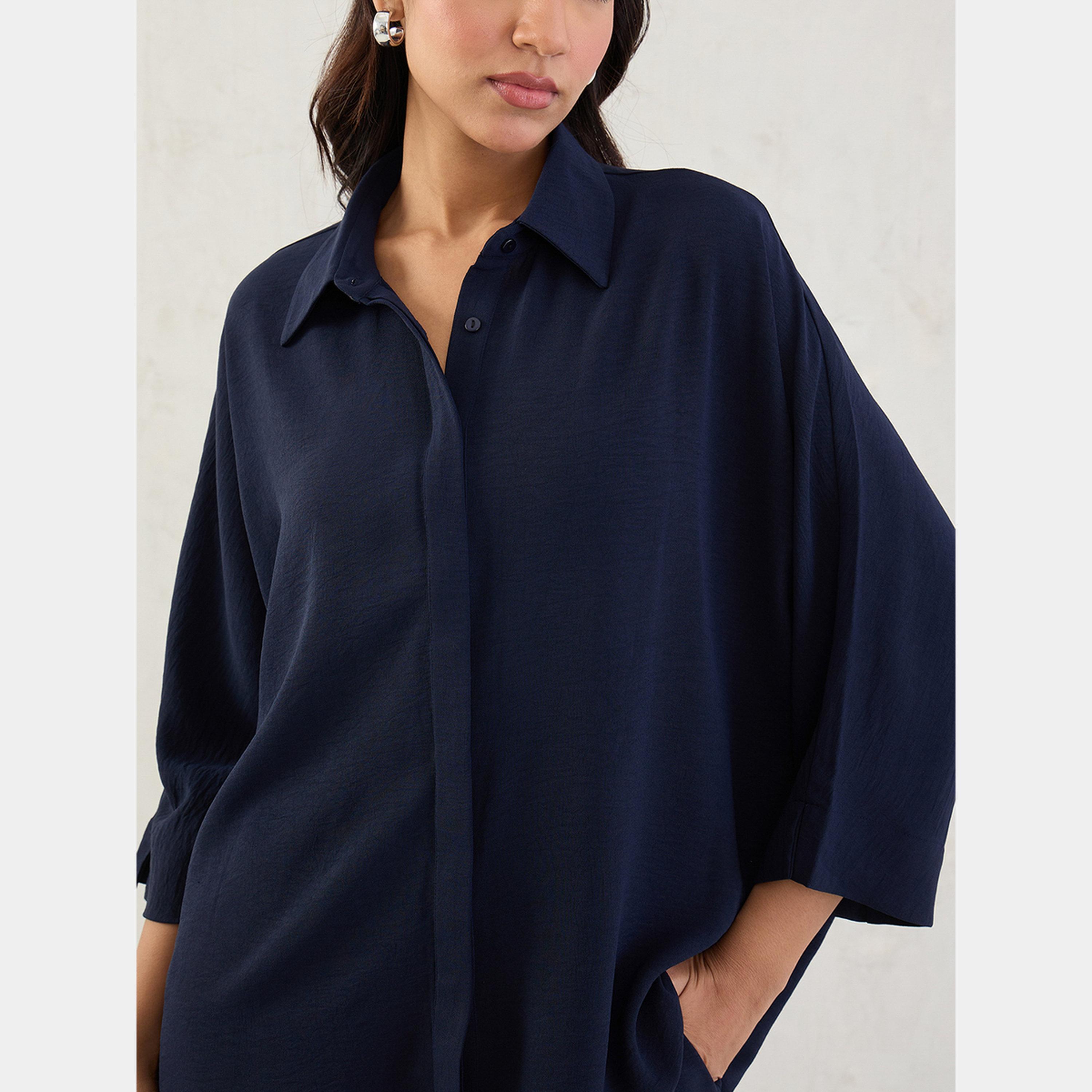 فيميلا - قميص بأكمام كيمونو وبنطال لون أزرق كحلي-women-clothing-coordsets-image-4