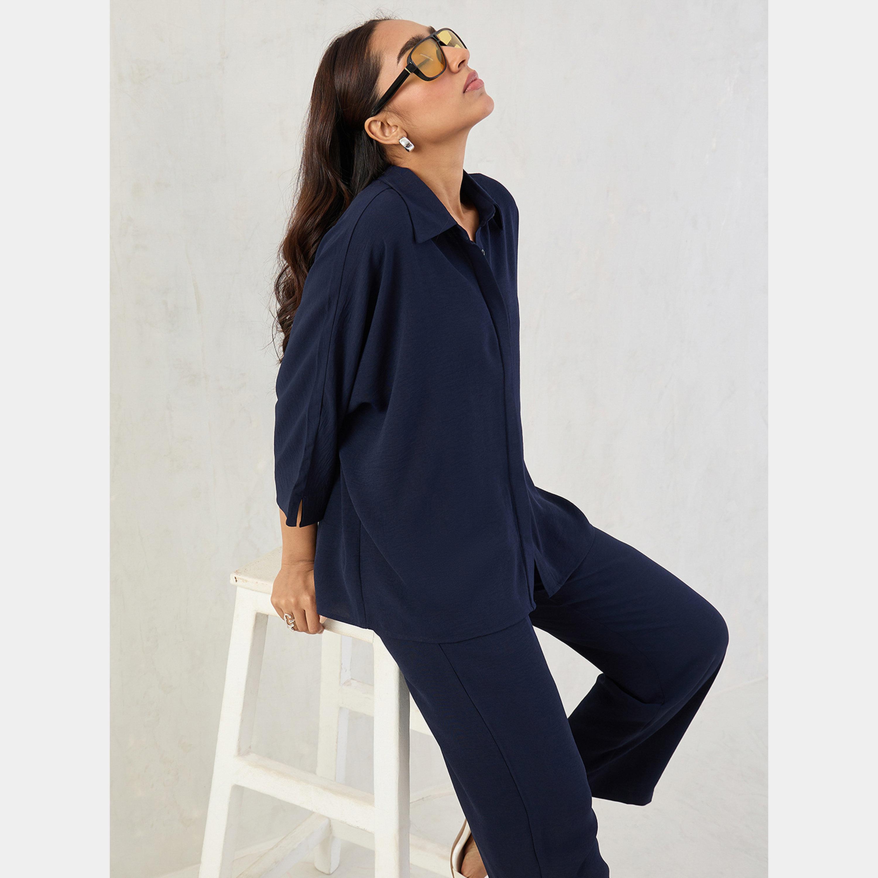 Femmella Navy Kimono Sleeve Shirt and Trousers Co-Ords-women-clothing-coordsets-image-6