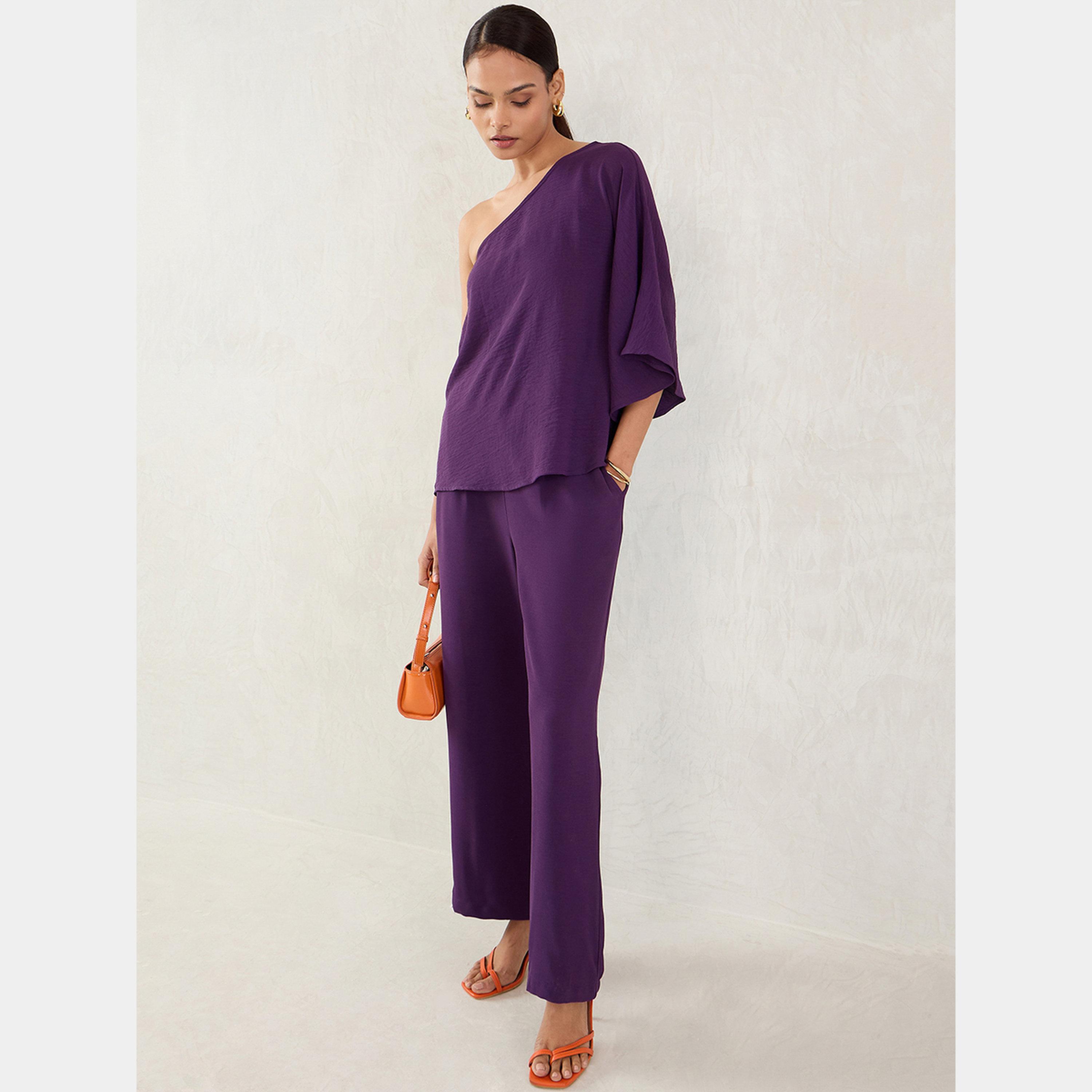 فيميلا - بنطال وبلوزة بكتف واحد لون ارجواني-women-clothing-coordsets-image-2