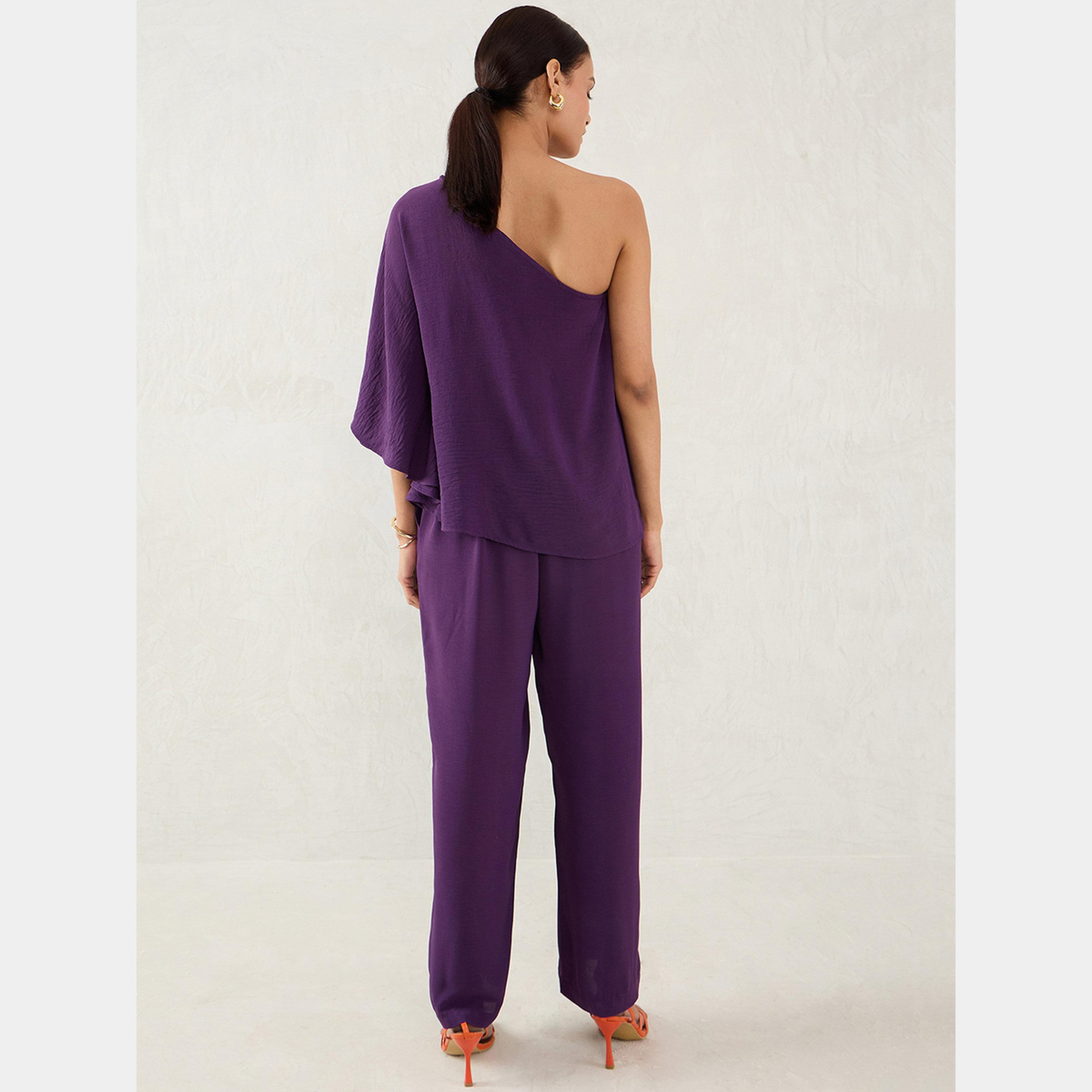 فيميلا - بنطال وبلوزة بكتف واحد لون ارجواني-women-clothing-coordsets-image-3