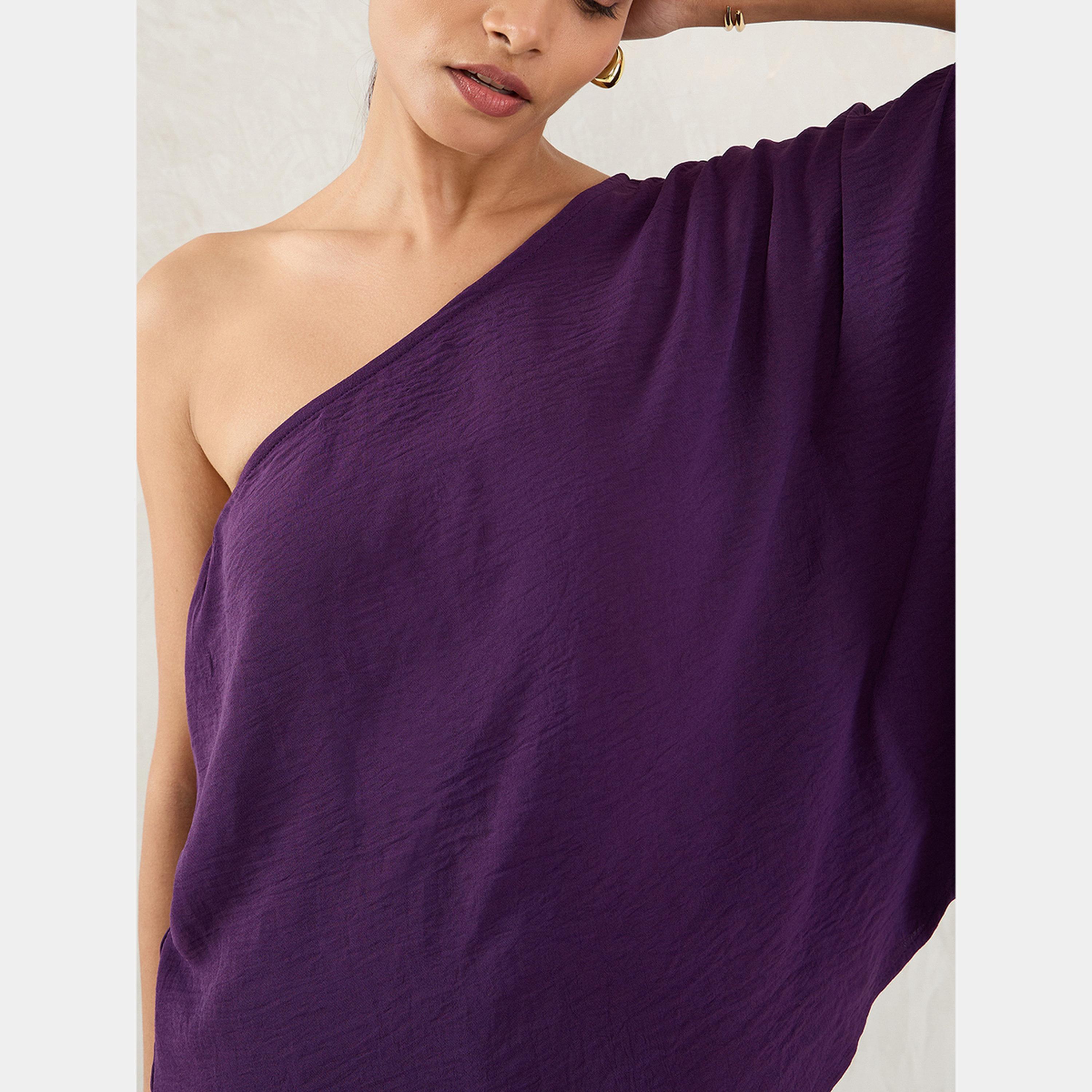 فيميلا - بنطال وبلوزة بكتف واحد لون ارجواني-women-clothing-coordsets-image-6