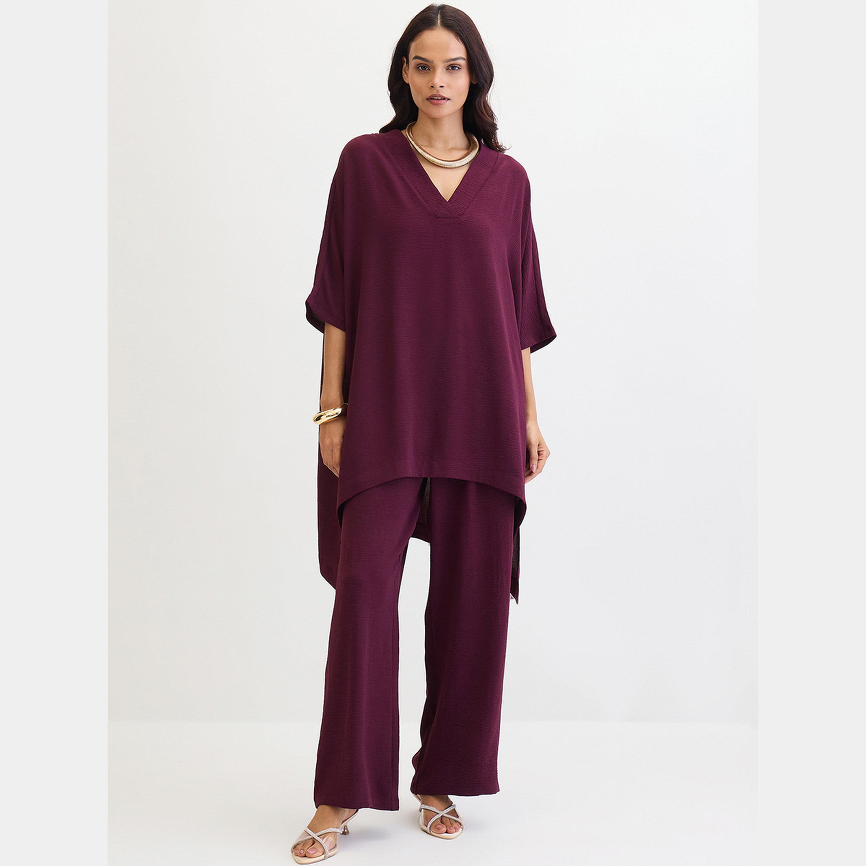 Femmella Purple Asymmetric Hem Top and Trousers Co-Ords-women-clothing-coordsets-image-1