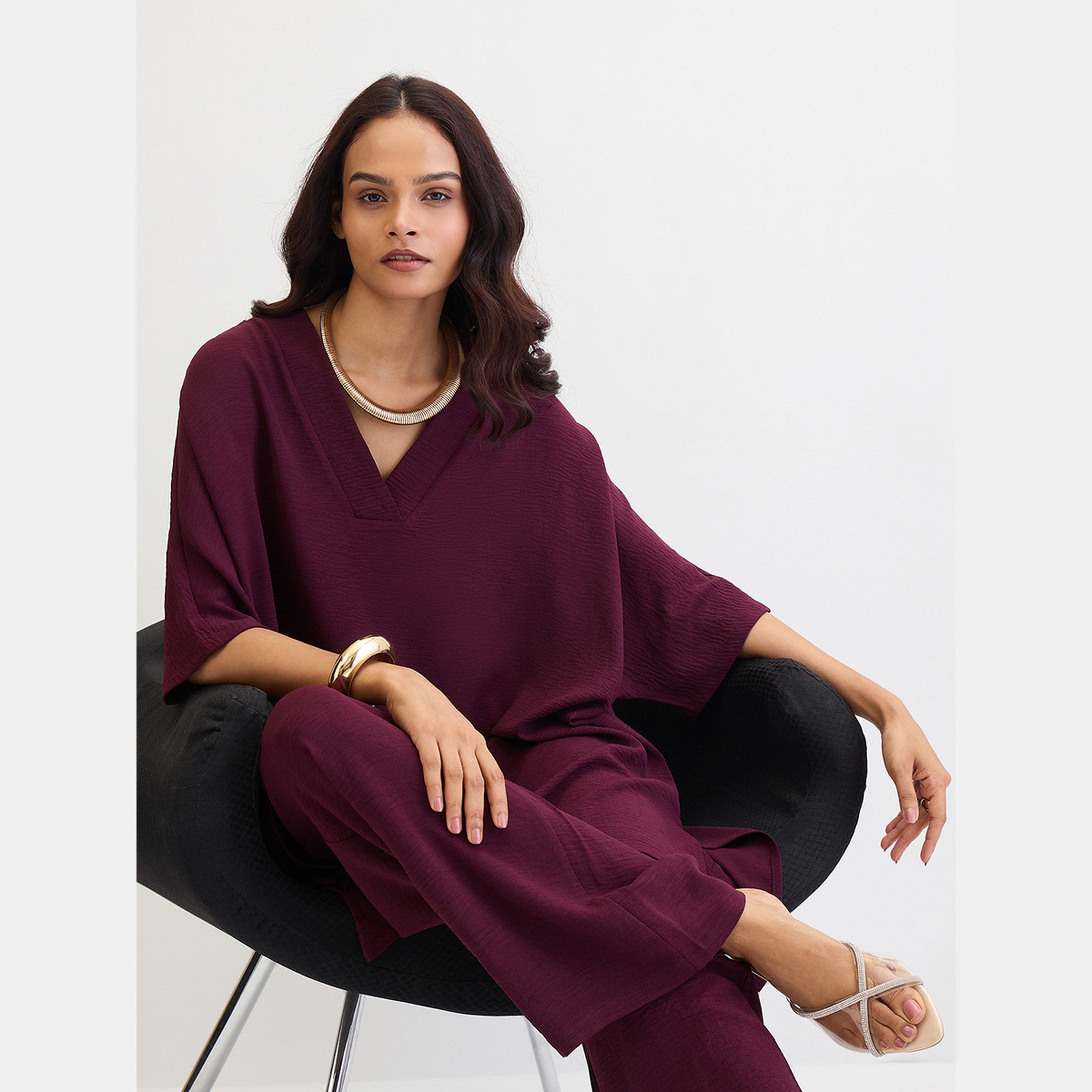 فيميلا - بلوزة وبنطال أرجواني بحافة غير متماثلة-women-clothing-coordsets-image-2