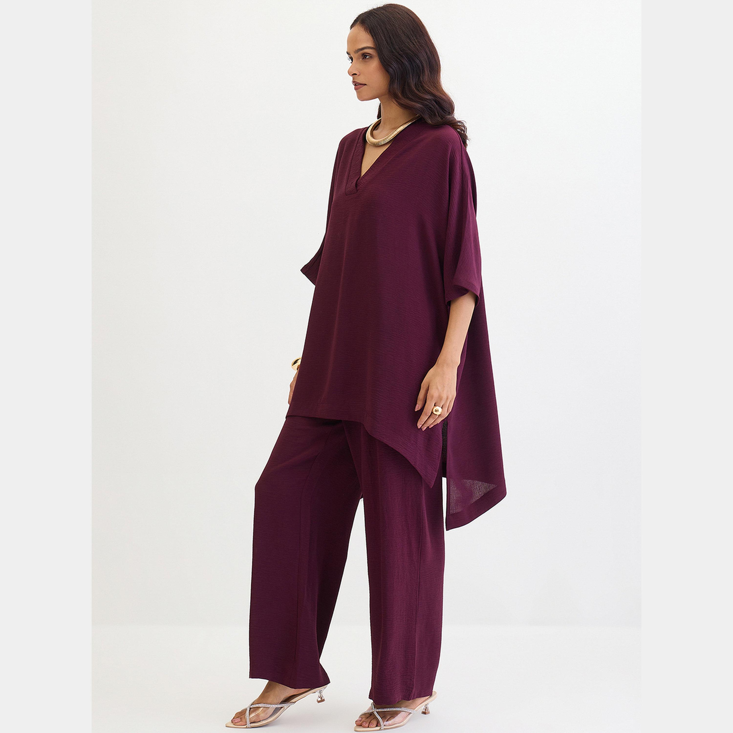 Femmella Purple Asymmetric Hem Top and Trousers Co-Ords-women-clothing-coordsets-image-3