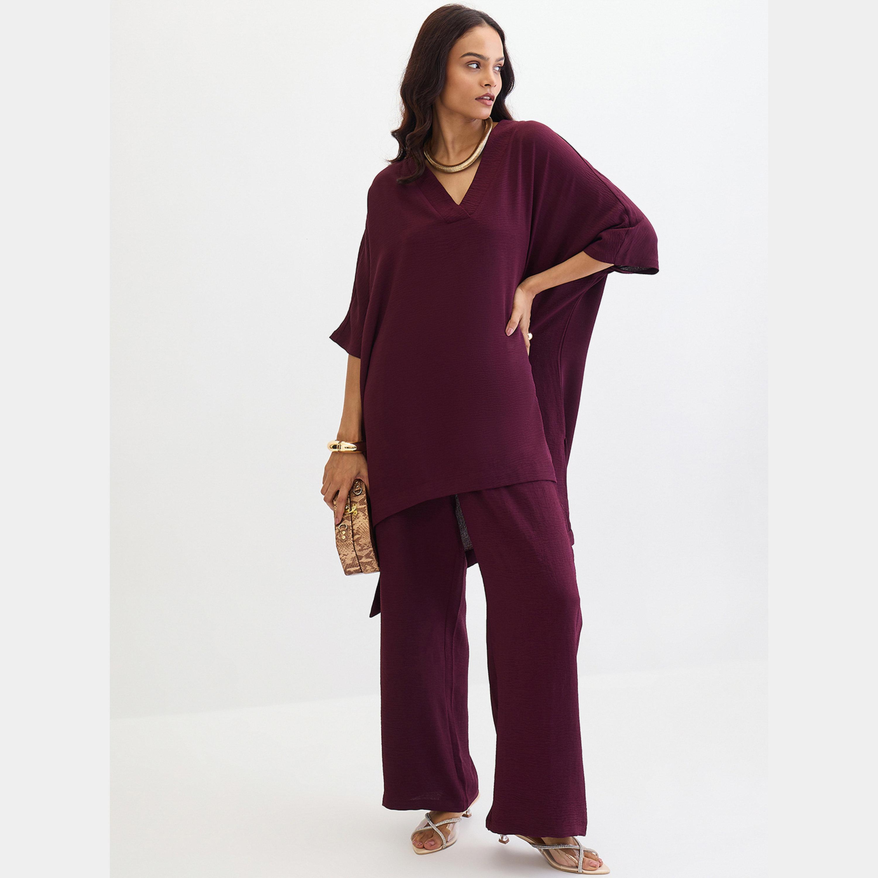 Femmella Purple Asymmetric Hem Top and Trousers Co-Ords-women-clothing-coordsets-image-5