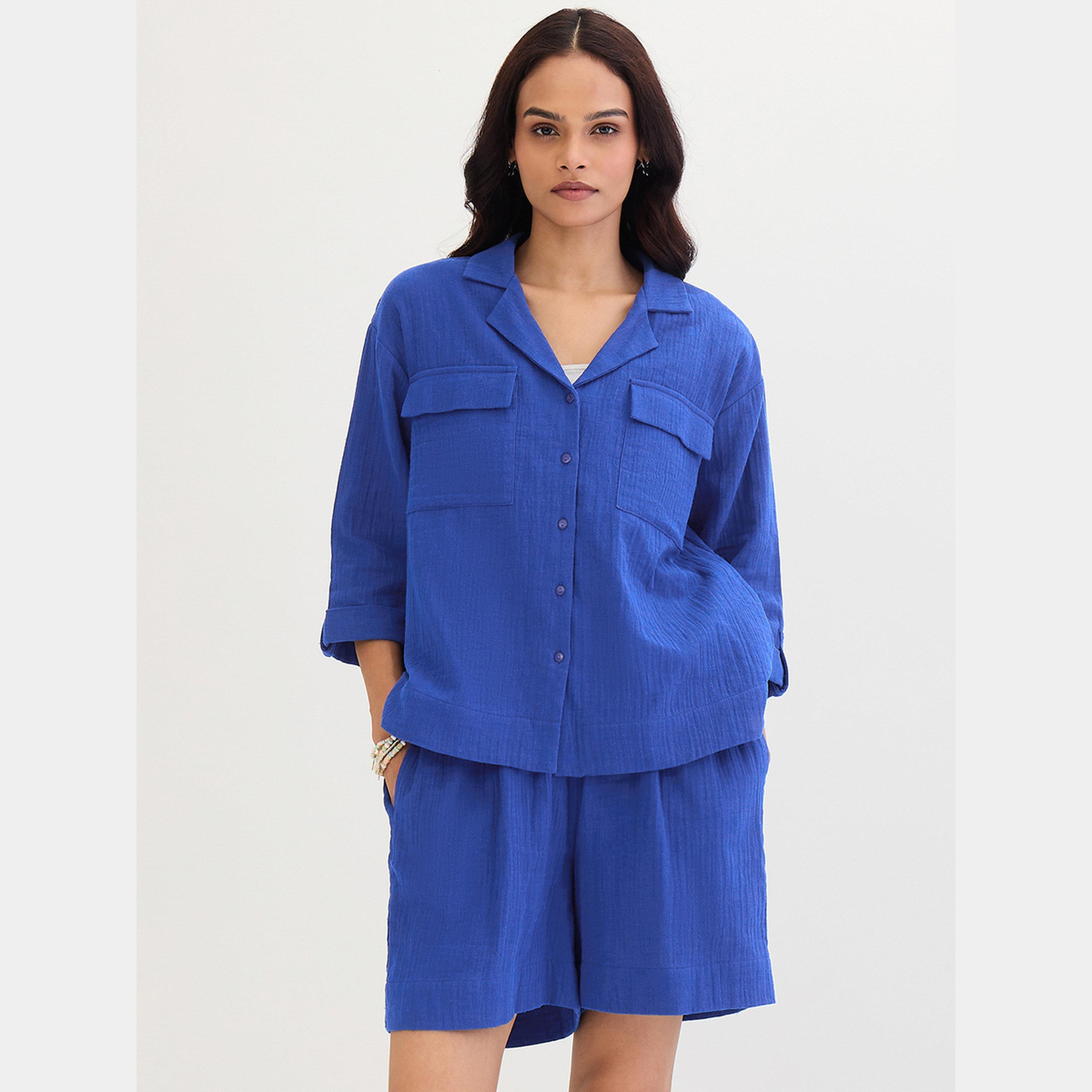 Femmella Blue Cotton Shirt and Shorts Co-Ords-women-clothing-coordsets-image-1