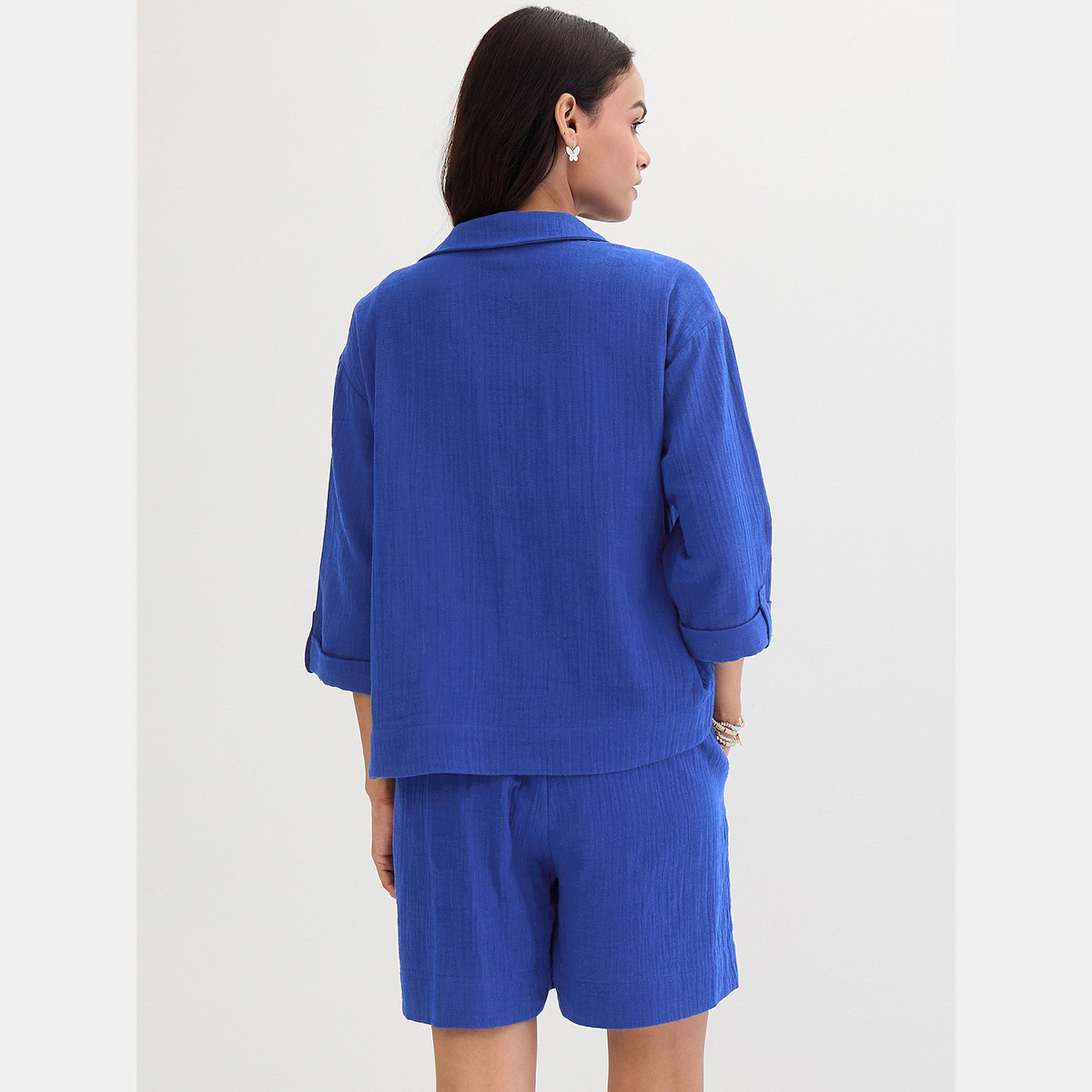 Femmella Blue Cotton Shirt and Shorts Co-Ords-women-clothing-coordsets-image-2