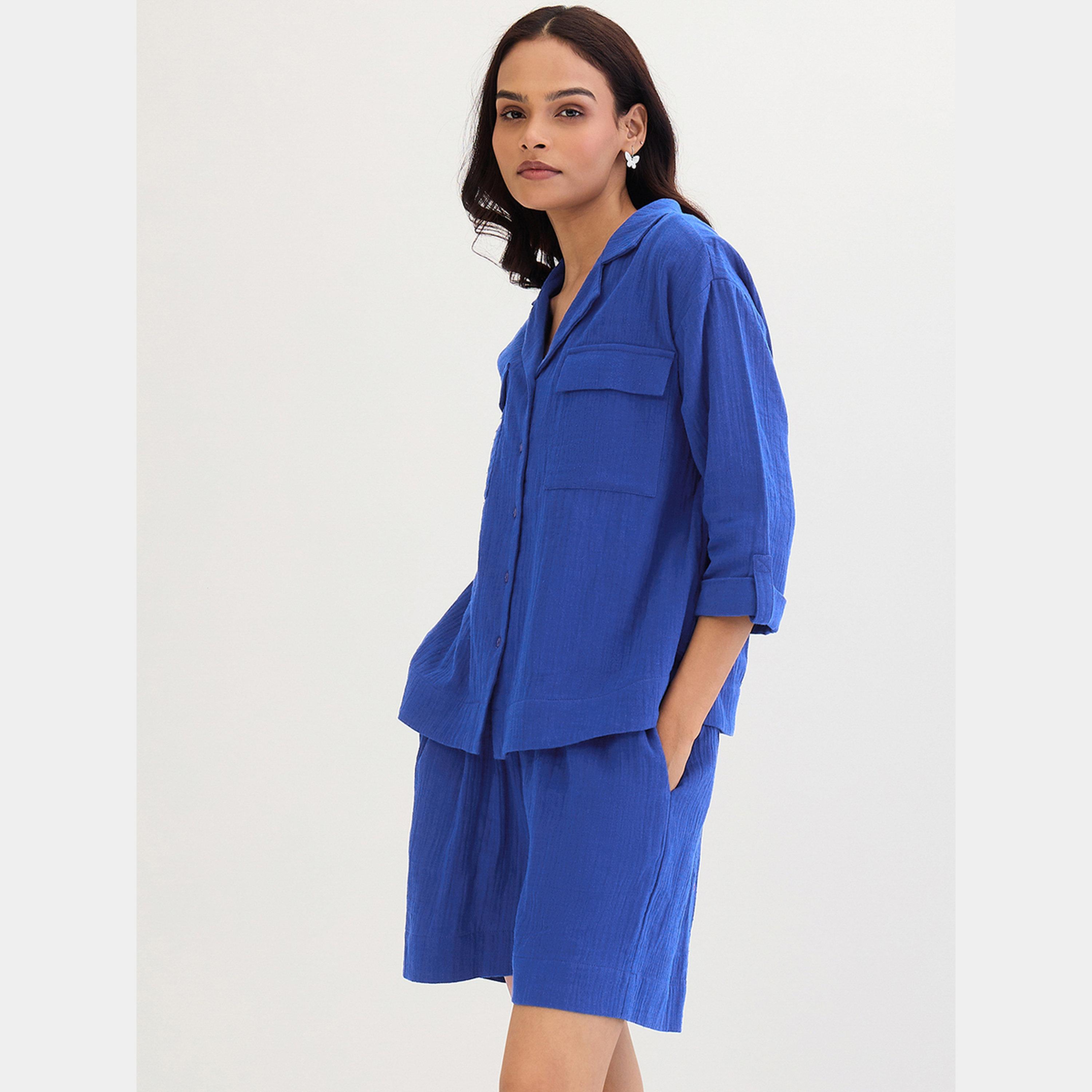 Femmella Blue Cotton Shirt and Shorts Co-Ords-women-clothing-coordsets-image-3