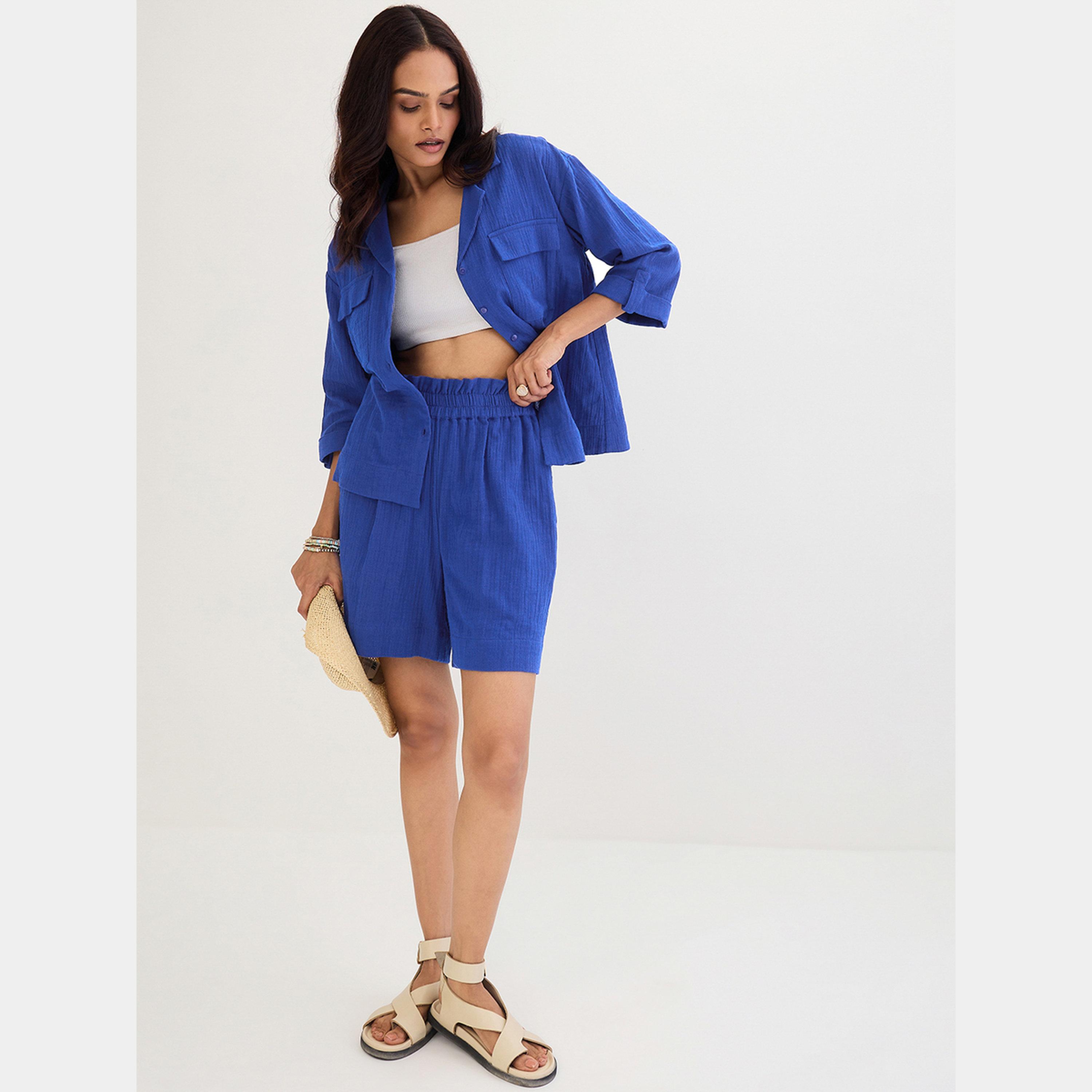 Femmella Blue Cotton Shirt and Shorts Co-Ords-women-clothing-coordsets-image-4