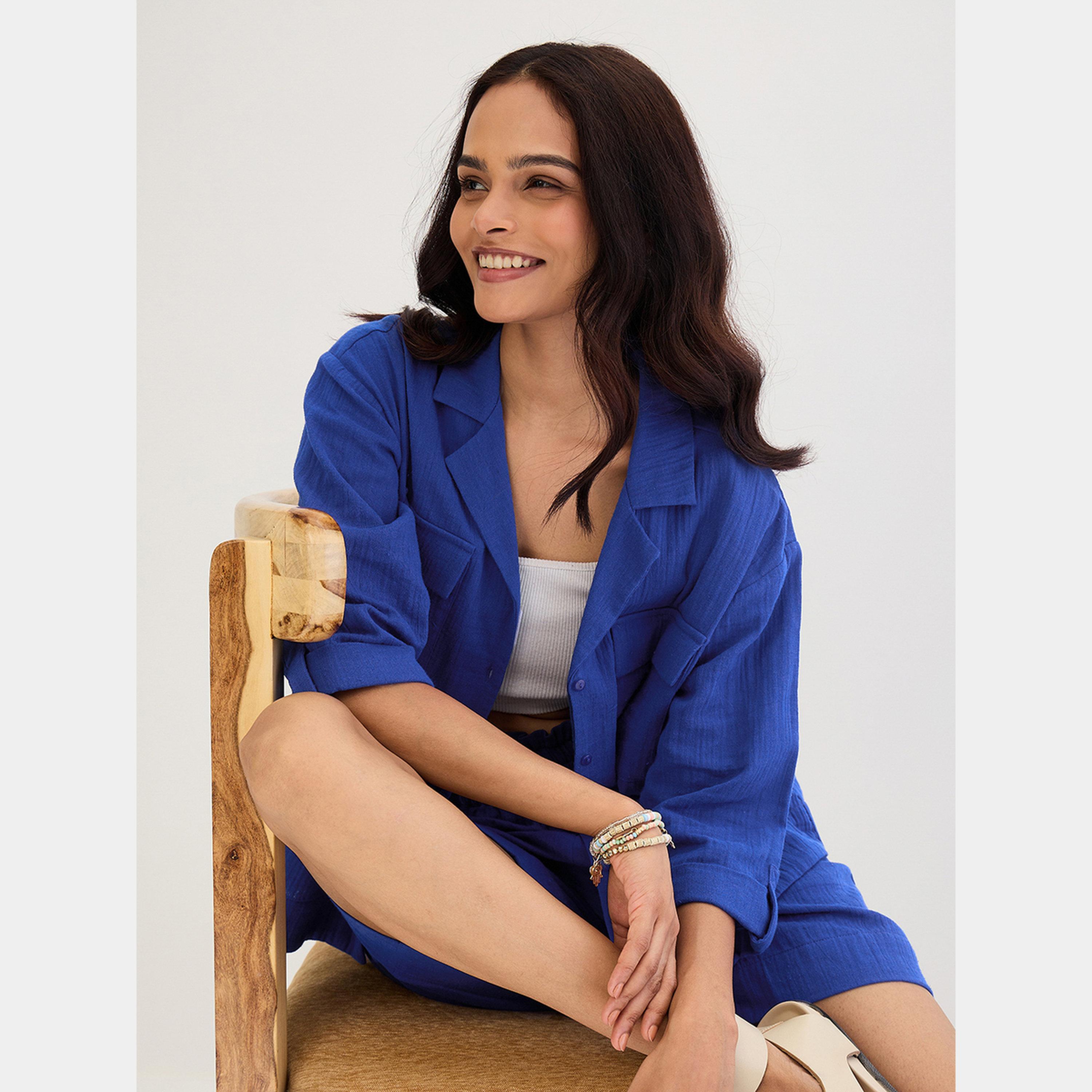 Femmella Blue Cotton Shirt and Shorts Co-Ords-women-clothing-coordsets-image-5