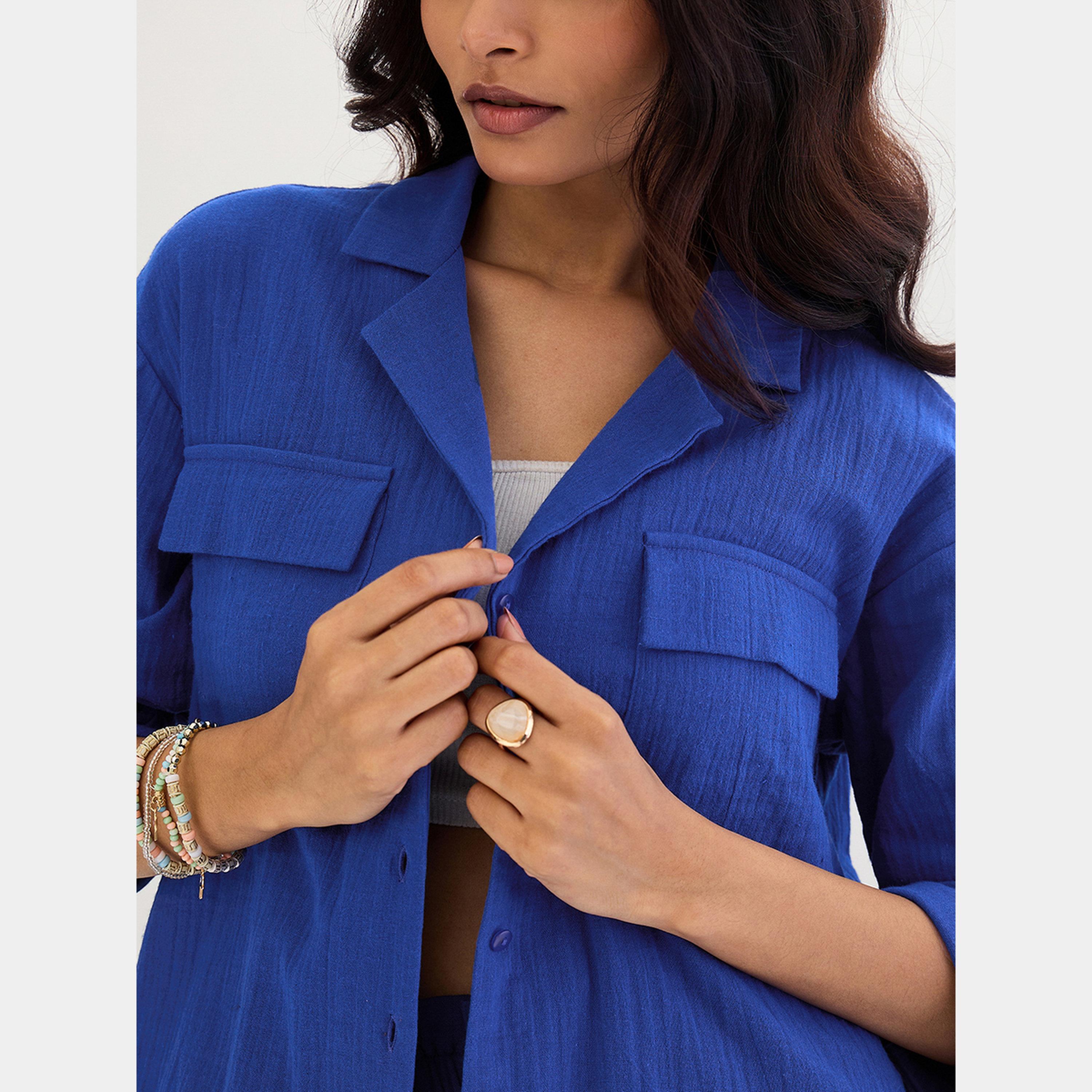 فيميلا - قميص قطني أزرق مع شورت-women-clothing-coordsets-image-6