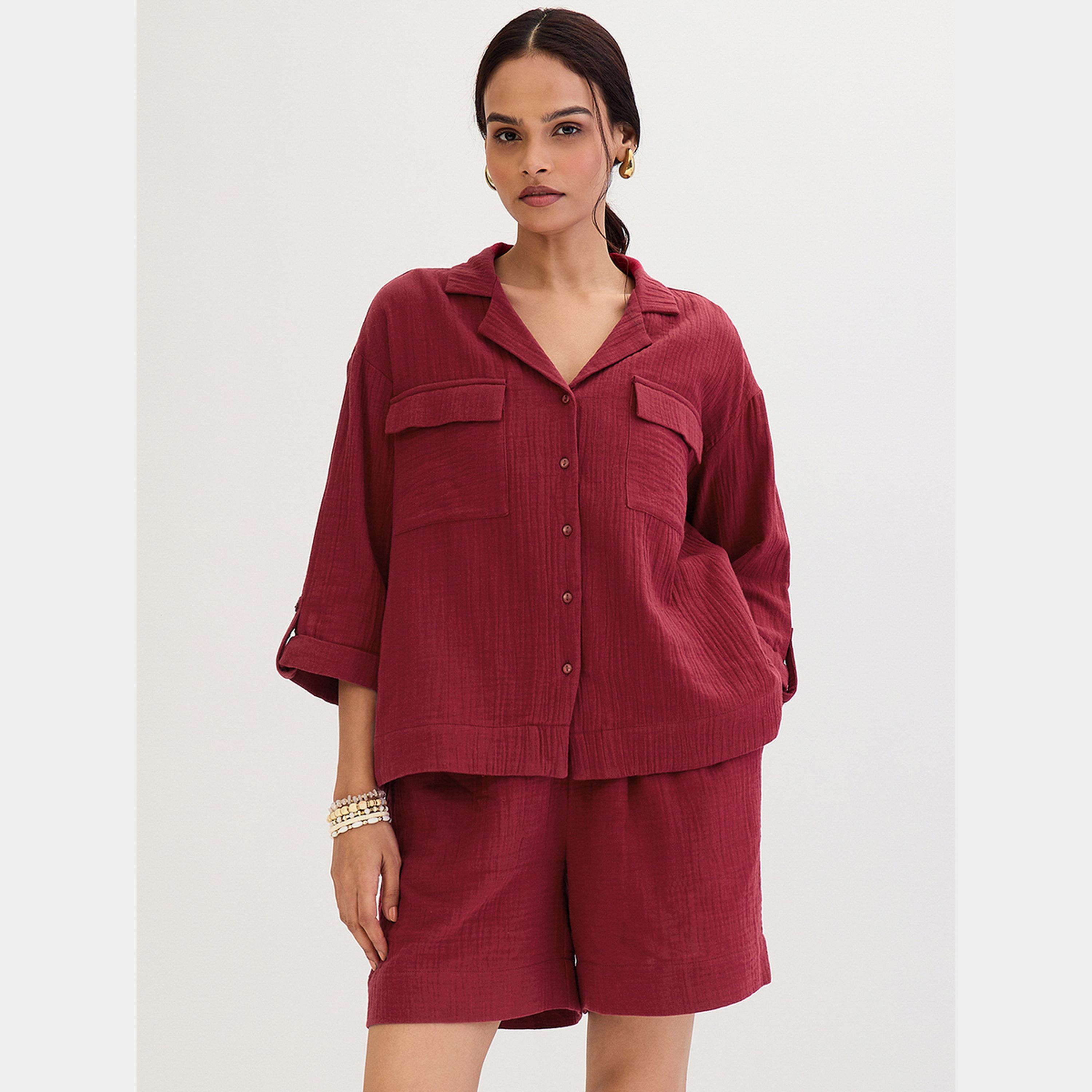 فيميلا - قميص وشورت من قماش قطني برغندي منسقان-women-clothing-coordsets-image-1