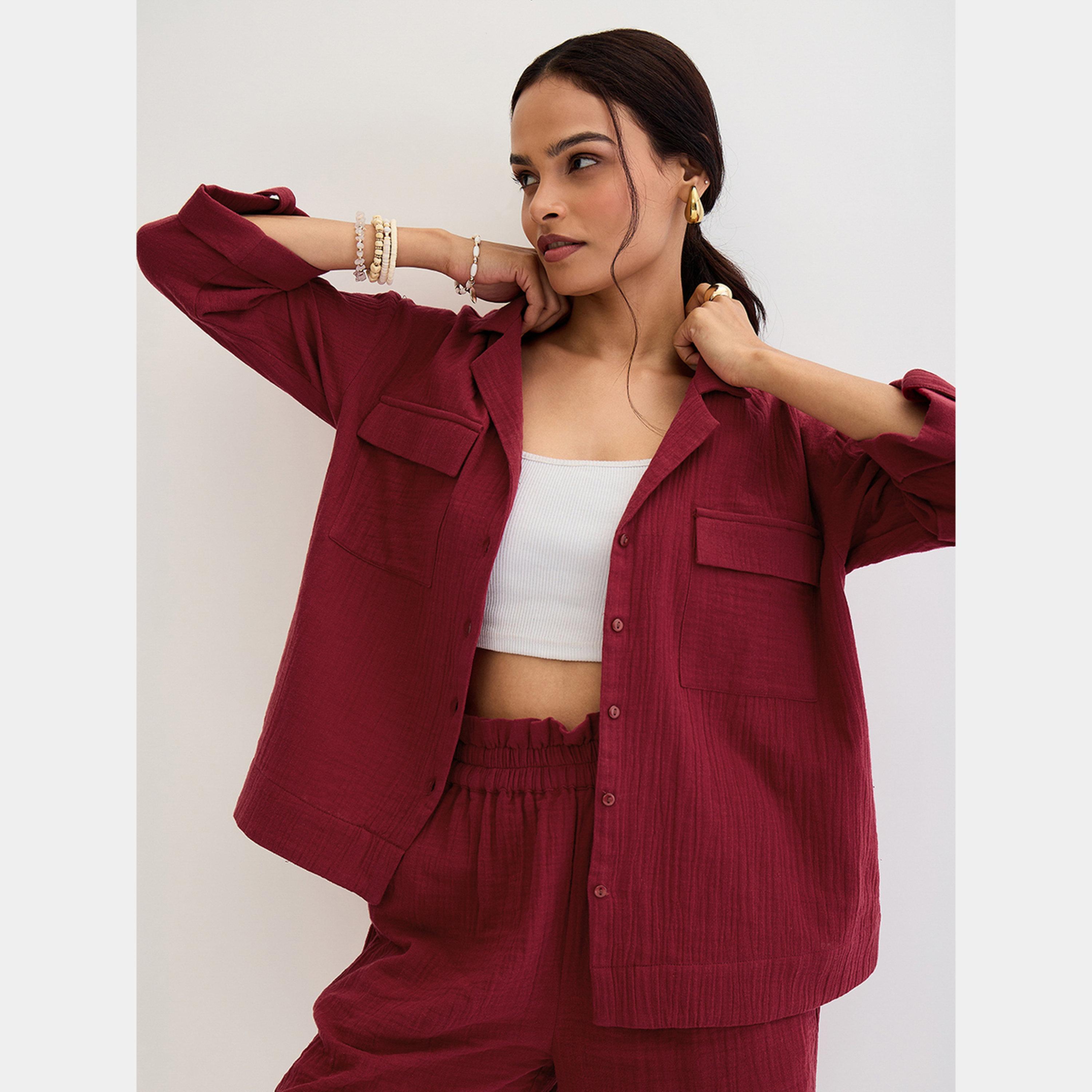 فيميلا - قميص وشورت من قماش قطني برغندي منسقان-women-clothing-coordsets-image-2