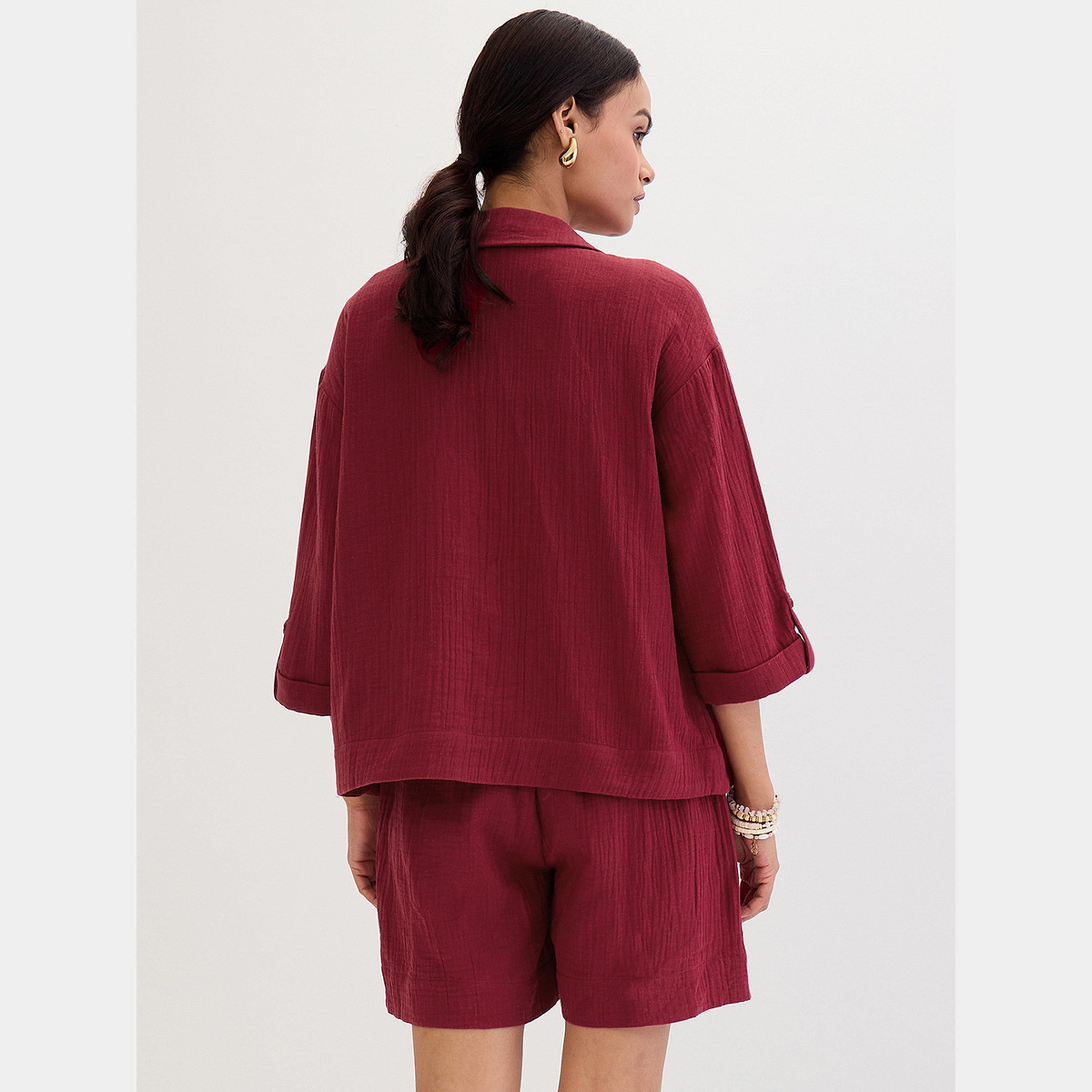 فيميلا - قميص وشورت من قماش قطني برغندي منسقان-women-clothing-coordsets-image-4