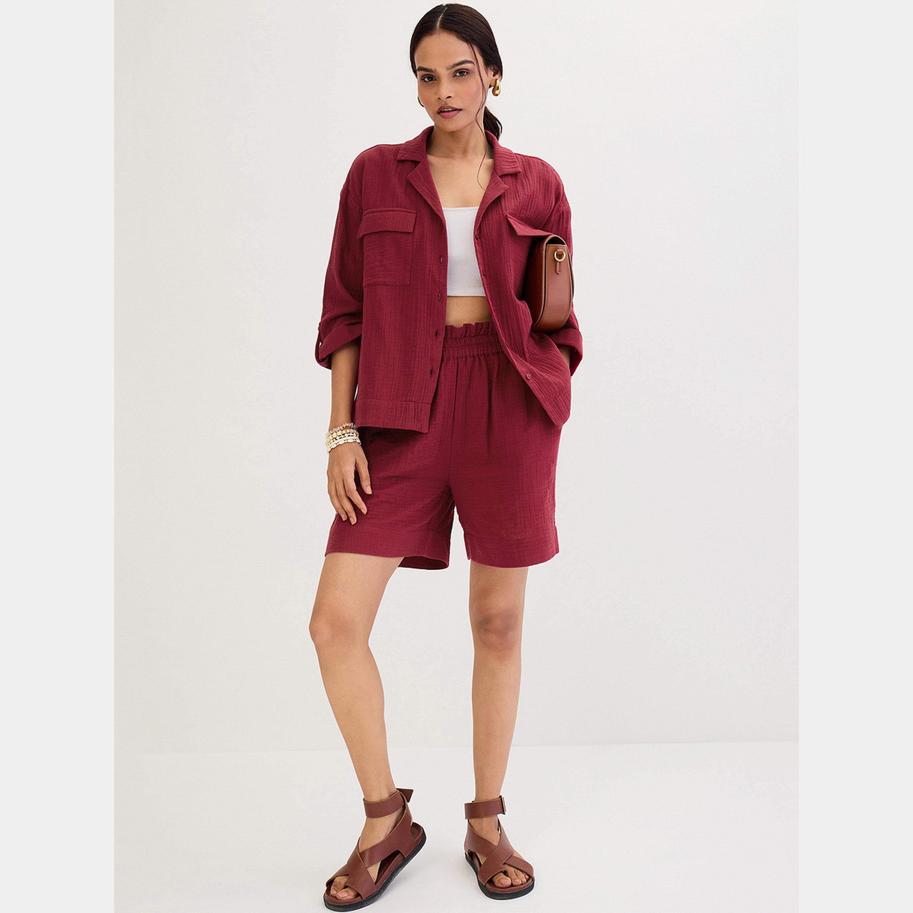 فيميلا - قميص وشورت من قماش قطني برغندي منسقان-women-clothing-coordsets-image-5