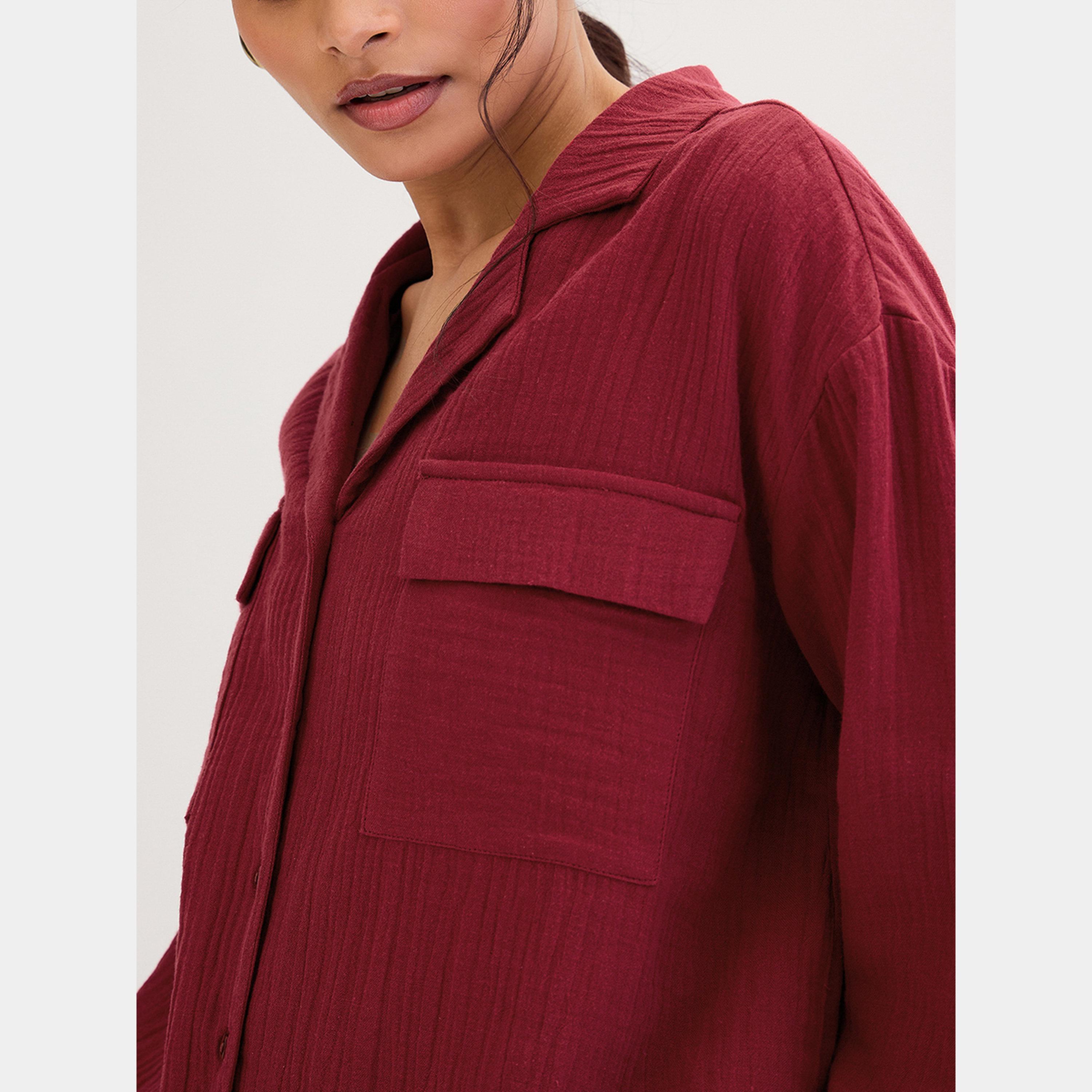 فيميلا - قميص وشورت من قماش قطني برغندي منسقان-women-clothing-coordsets-image-6