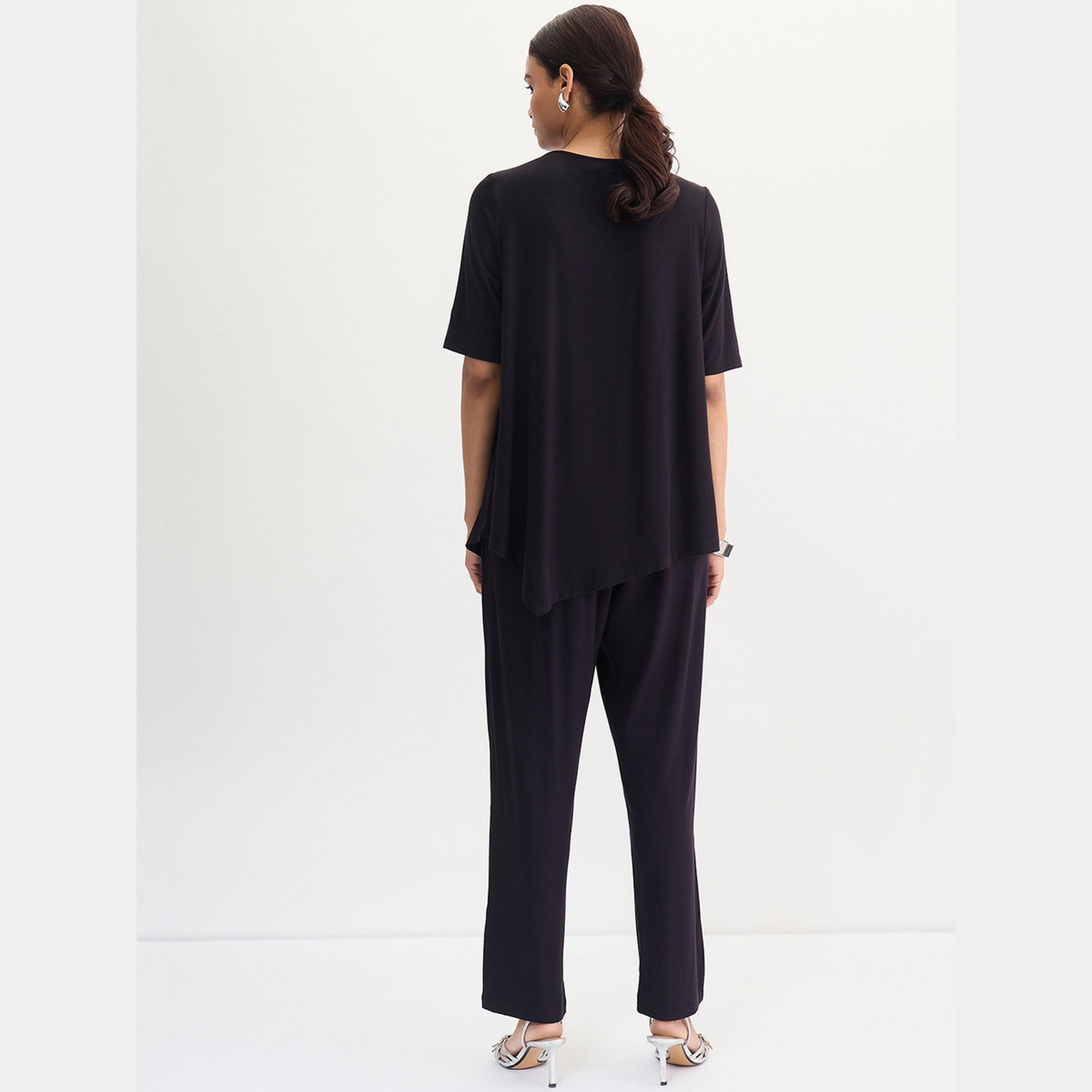 Femmella Black Asymmetrical Knit Top And Pants Co-Ords-women-clothing-coordsets-image-3