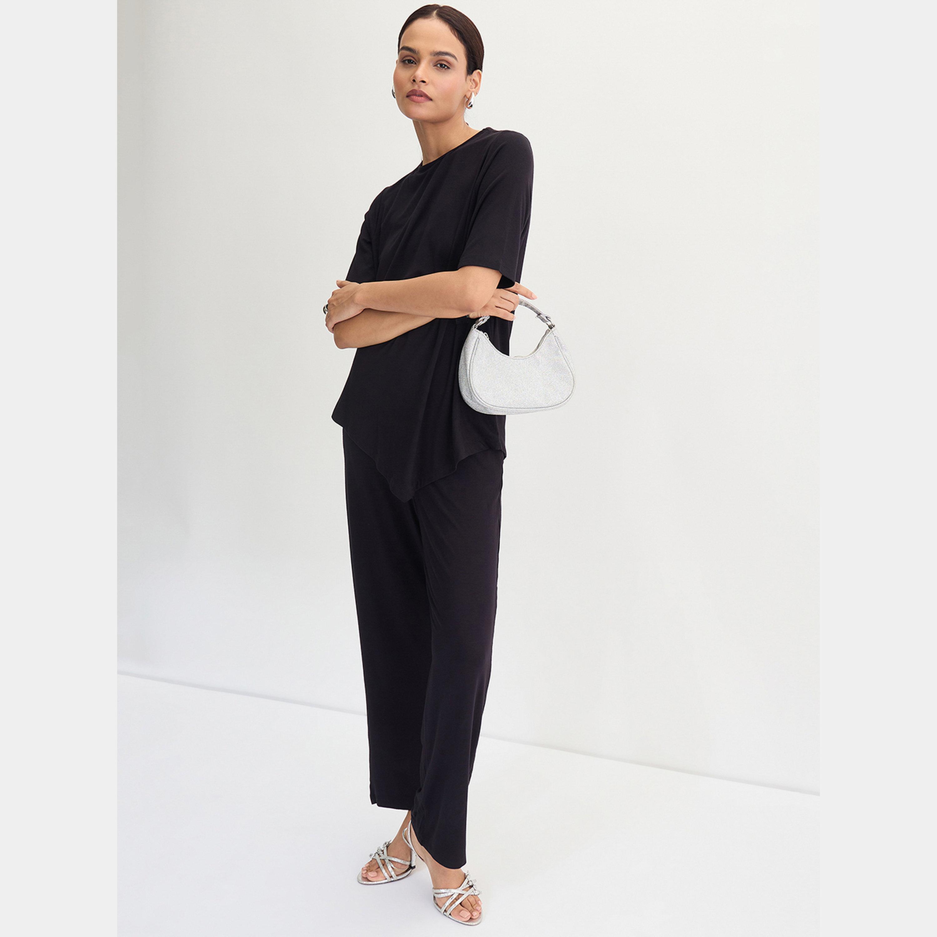 Femmella Black Asymmetrical Knit Top And Pants Co-Ords-women-clothing-coordsets-image-5