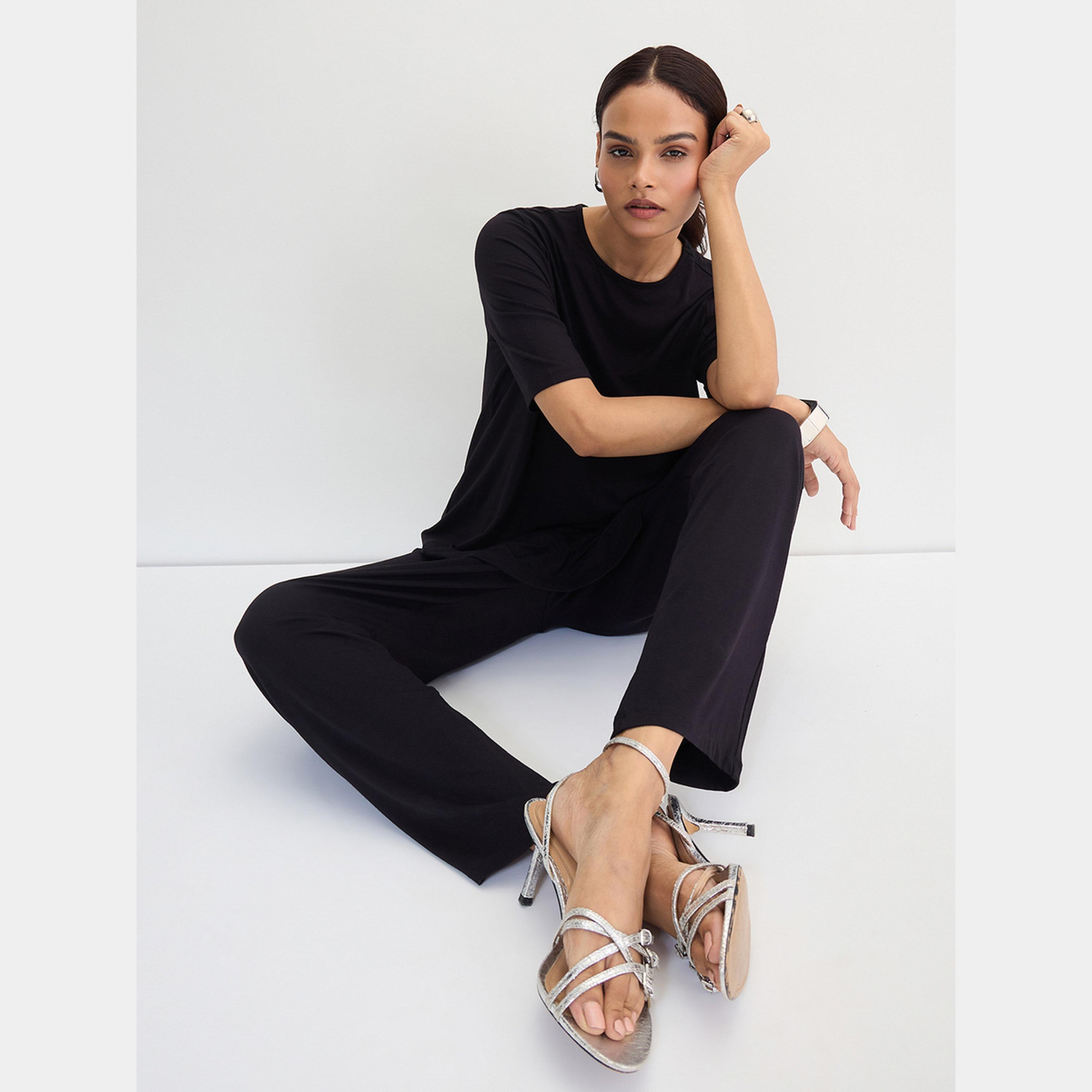 Femmella Black Asymmetrical Knit Top And Pants Co-Ords-women-clothing-coordsets-image-6