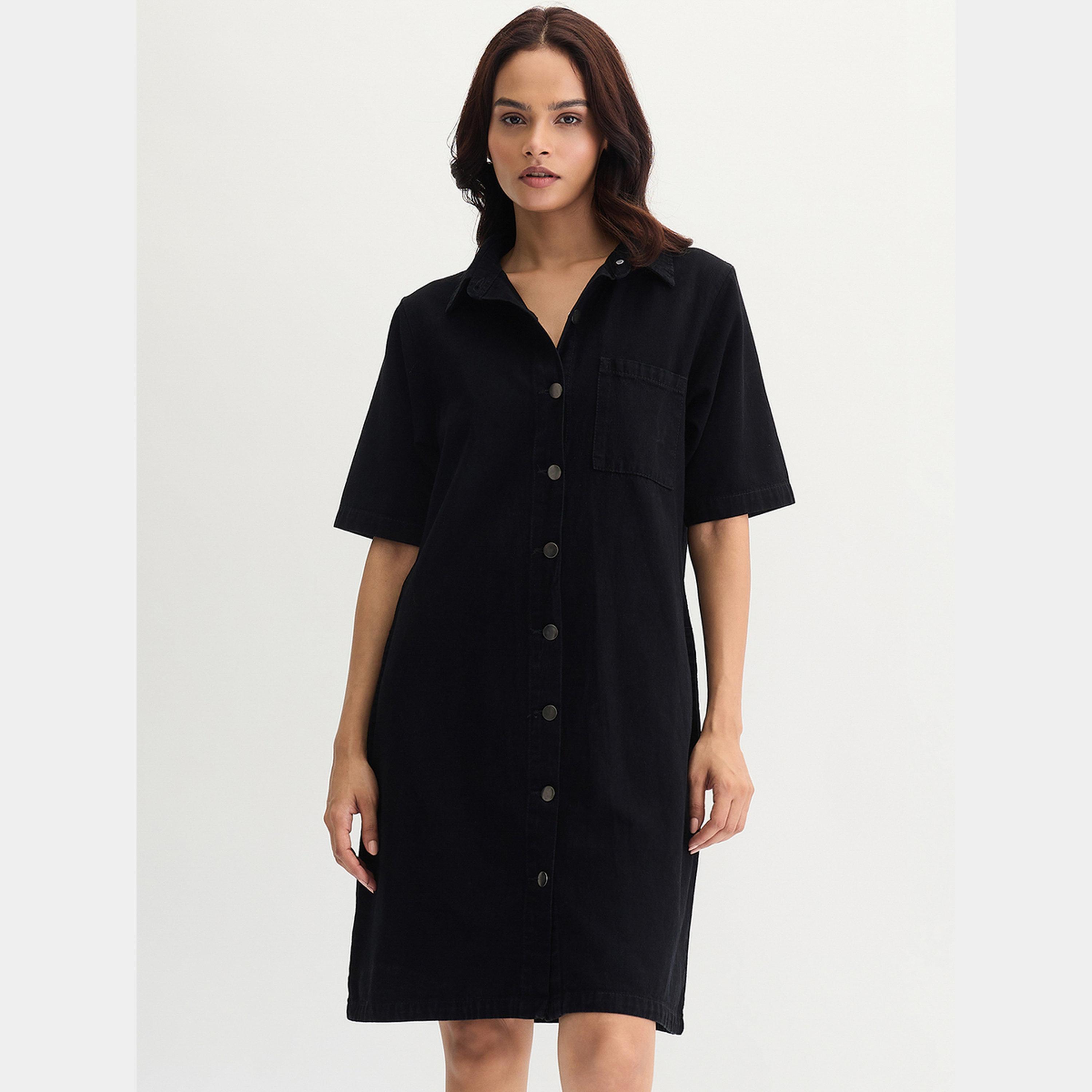 Buy Femmella Black Buttoned Collared Short Sleeves Women's Knee-Length Denim  Dress Online | Centrepoint UAE