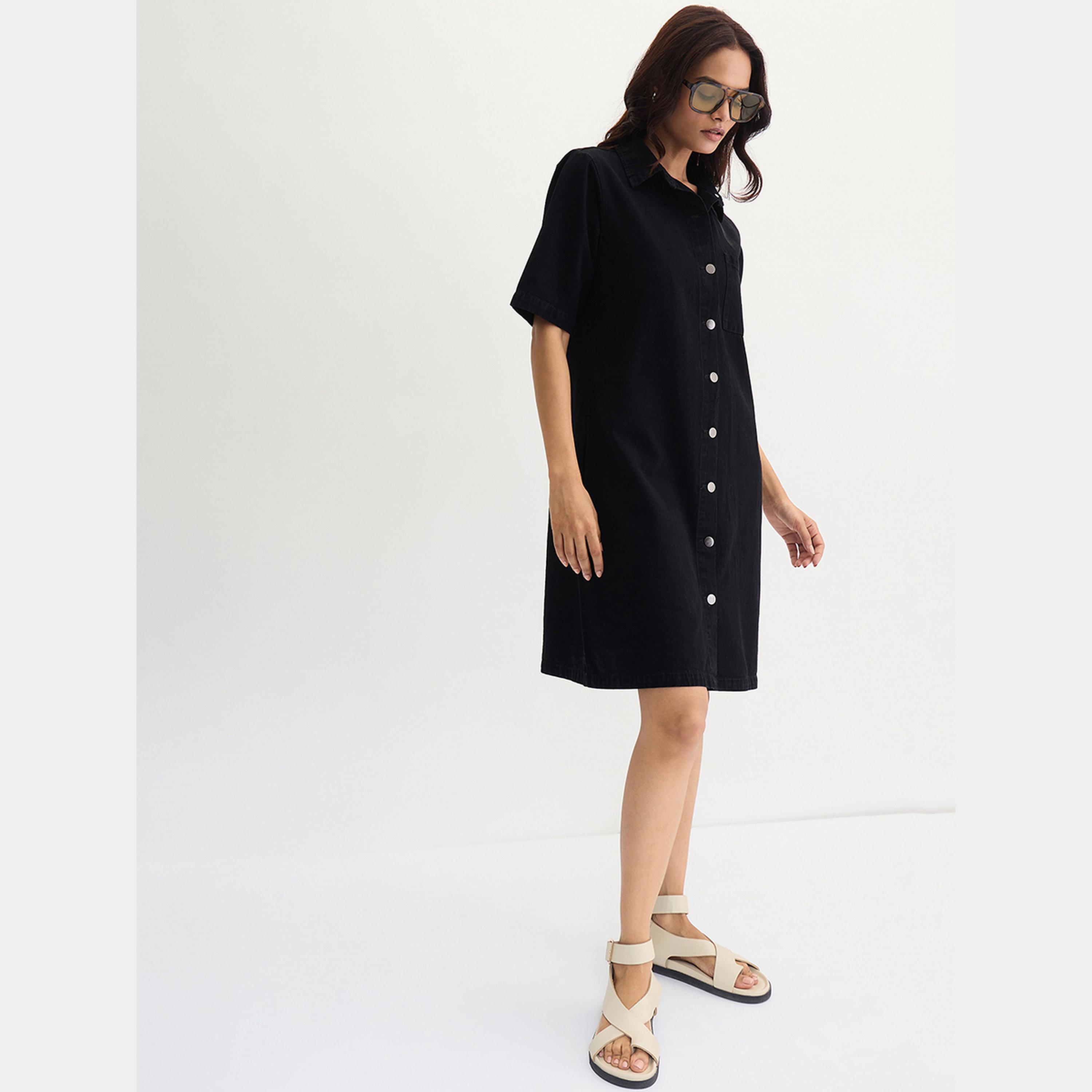 Femmella Black Buttoned Collared Short Sleeves Women's Knee-Length Denim Dress-women-clothing-dresses-image-2