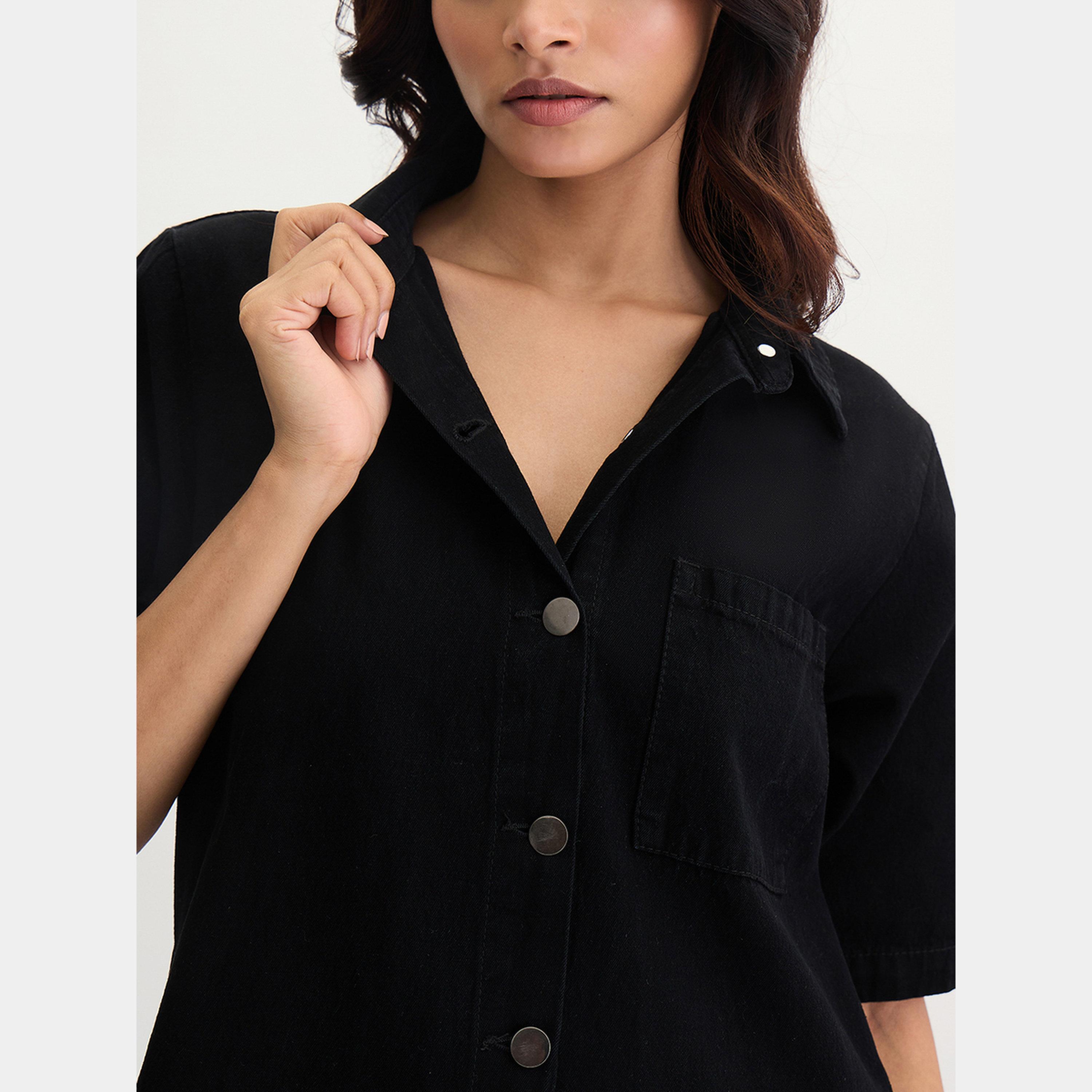 Femmella Black Buttoned Collared Short Sleeves Women's Knee-Length Denim Dress-women-clothing-dresses-image-3