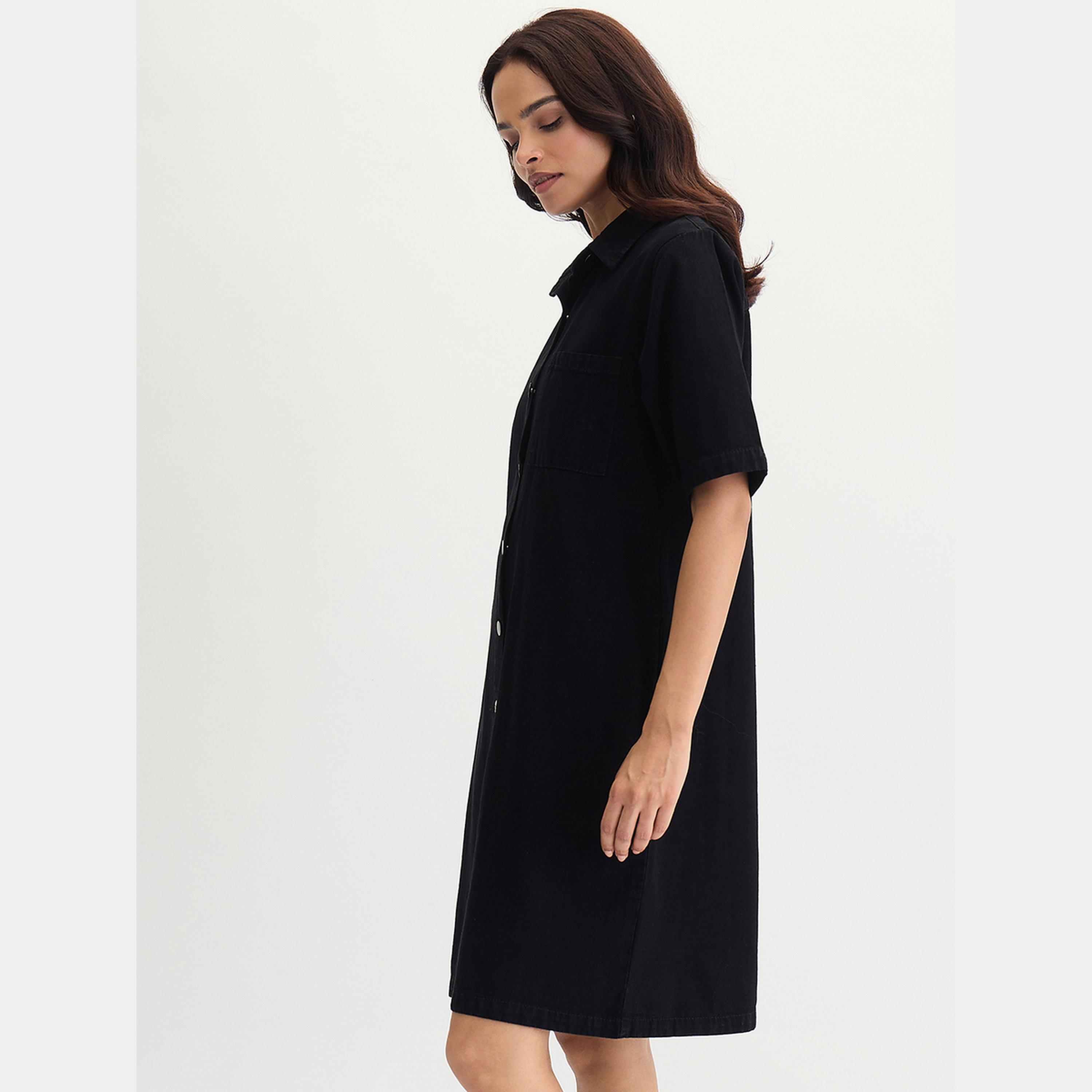 Femmella Black Buttoned Collared Short Sleeves Women's Knee-Length Denim Dress-women-clothing-dresses-image-4