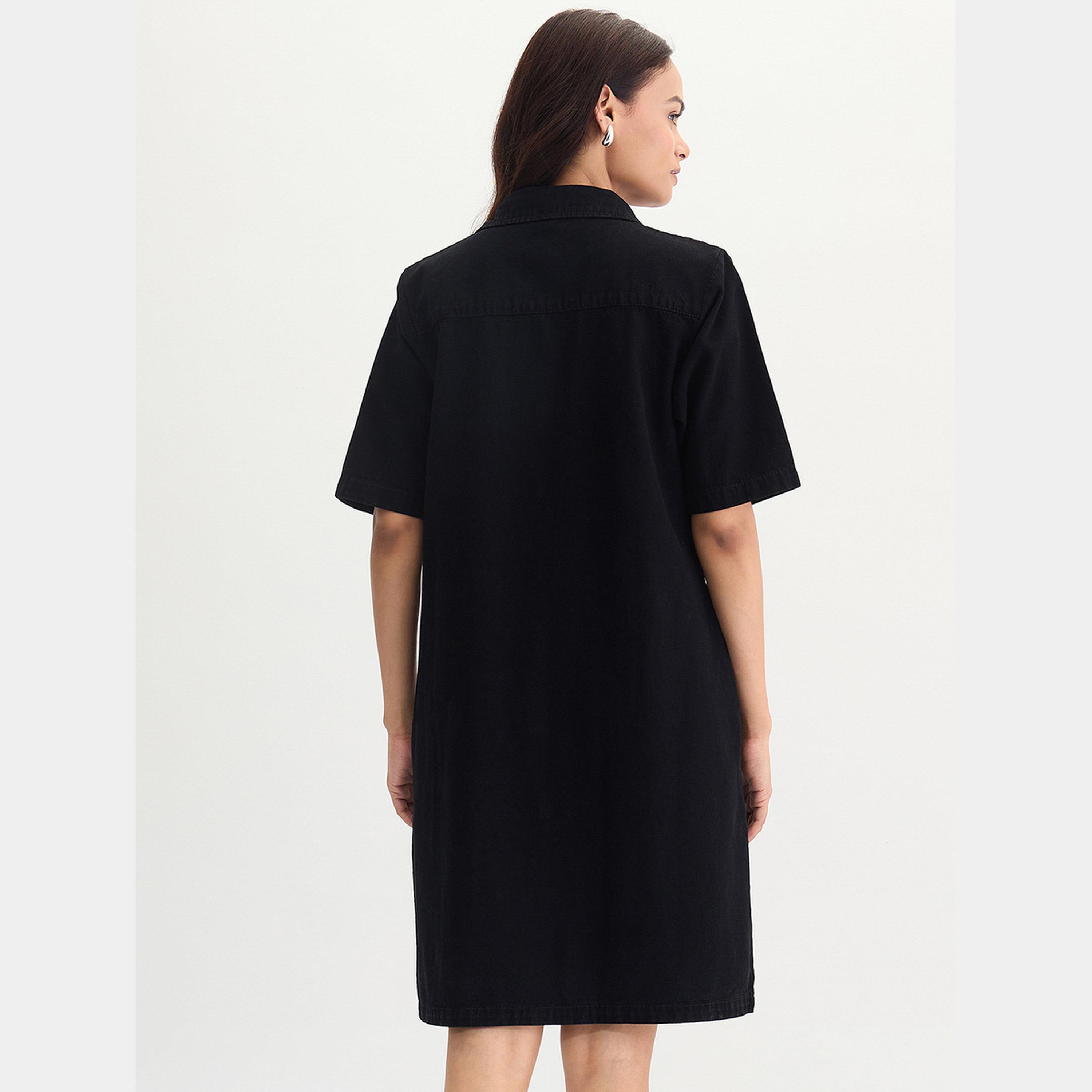 فيميلا - فستان جينز نسائي أسود بأكمام قصيرة وياقة وأزرار بطول الركبة-women-clothing-dresses-image-5
