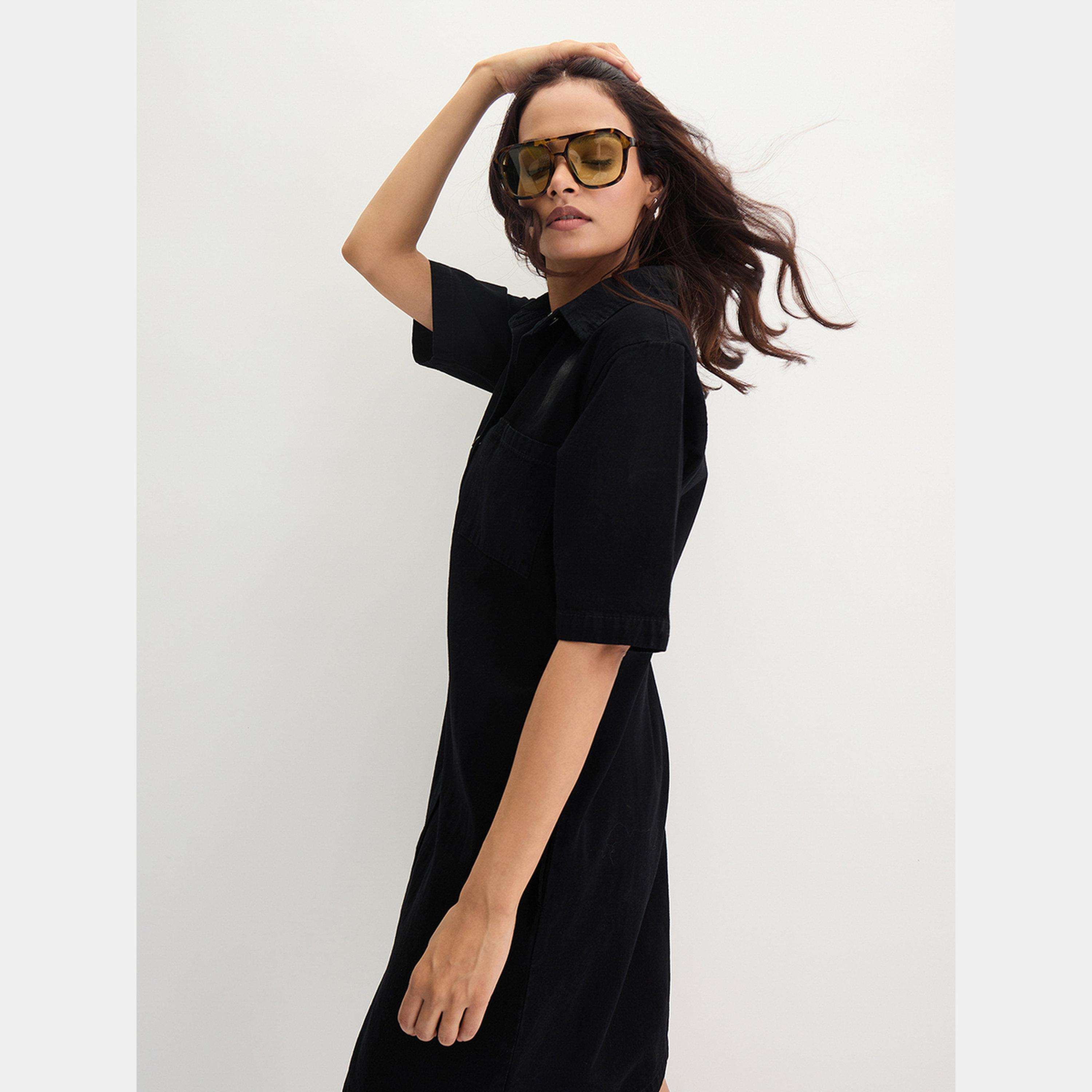 Femmella Black Buttoned Collared Short Sleeves Women's Knee-Length Denim Dress-women-clothing-dresses-image-6