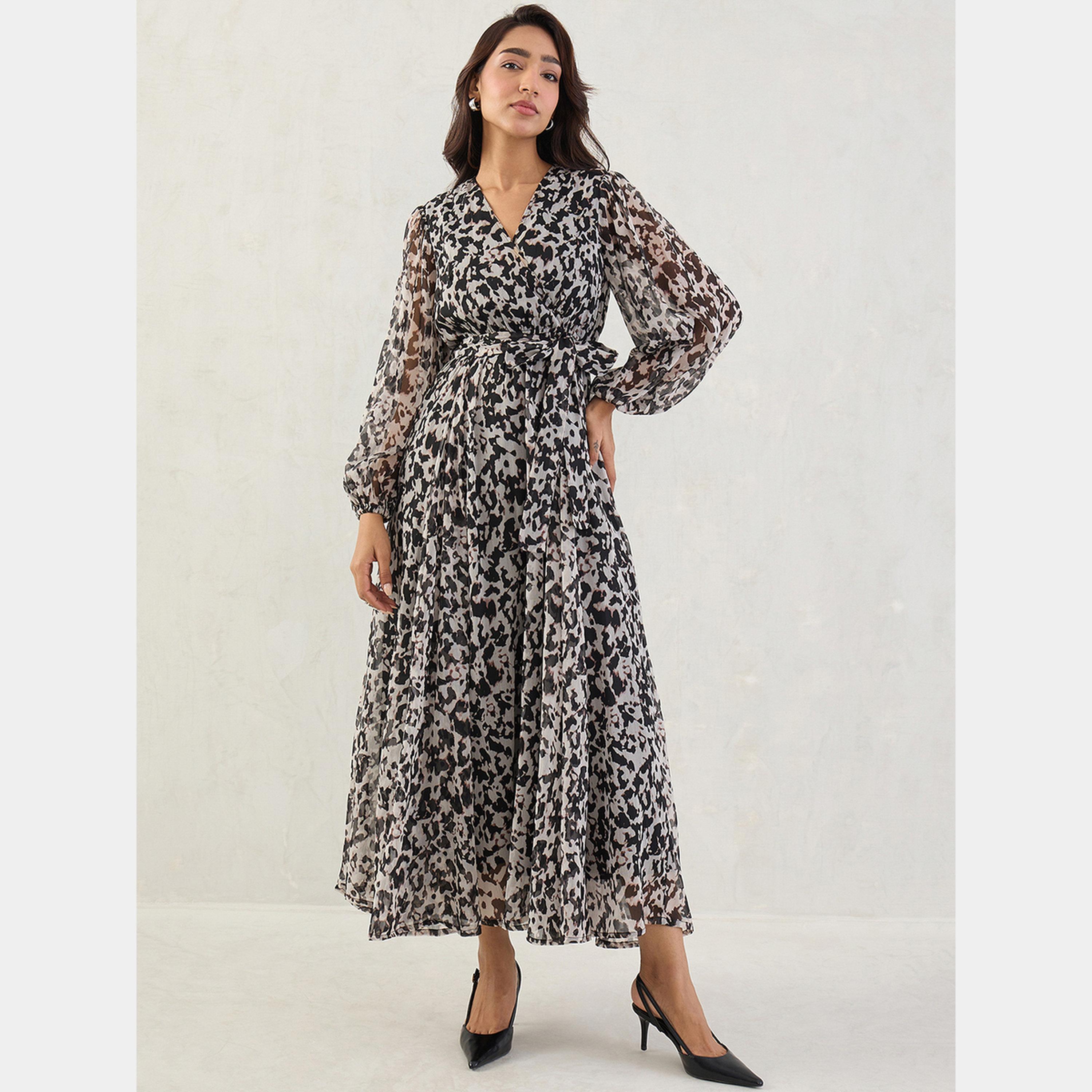 Femmella Black Abstract Print V-Neck Long Sleeves Women's Wrap Maxi Dress-women-clothing-dresses-image-1