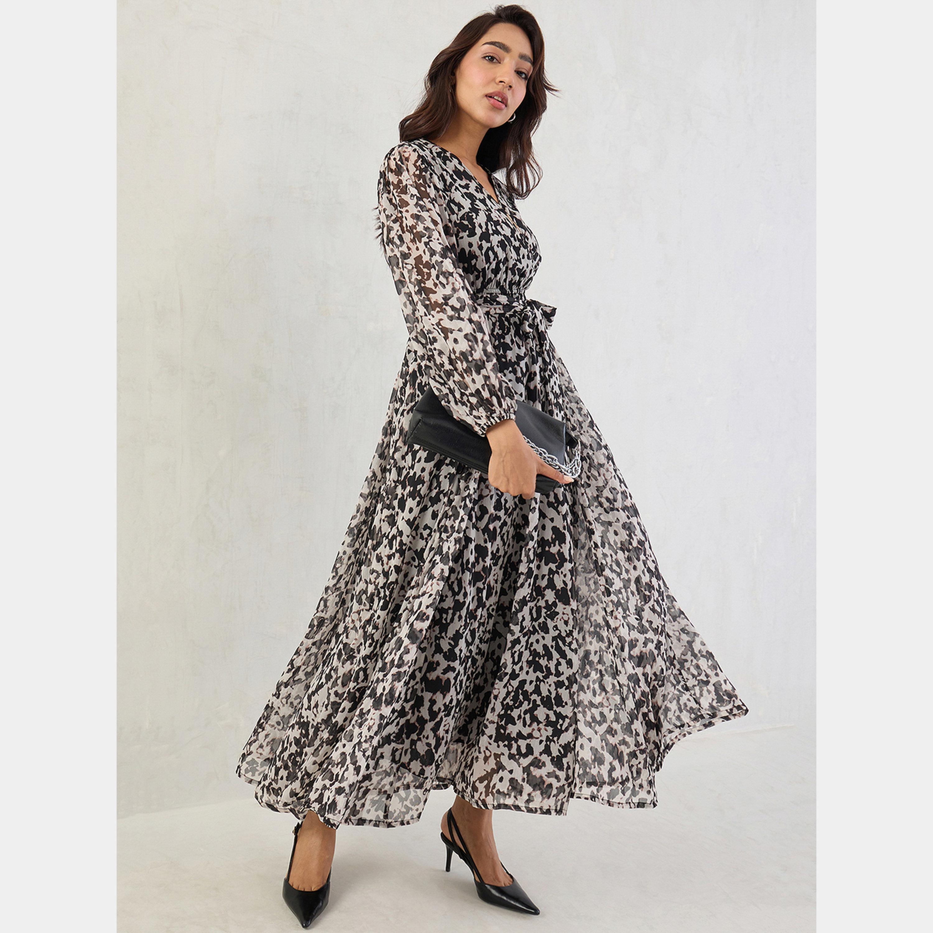 Femmella Black Abstract Print V-Neck Long Sleeves Women's Wrap Maxi Dress-women-clothing-dresses-image-2