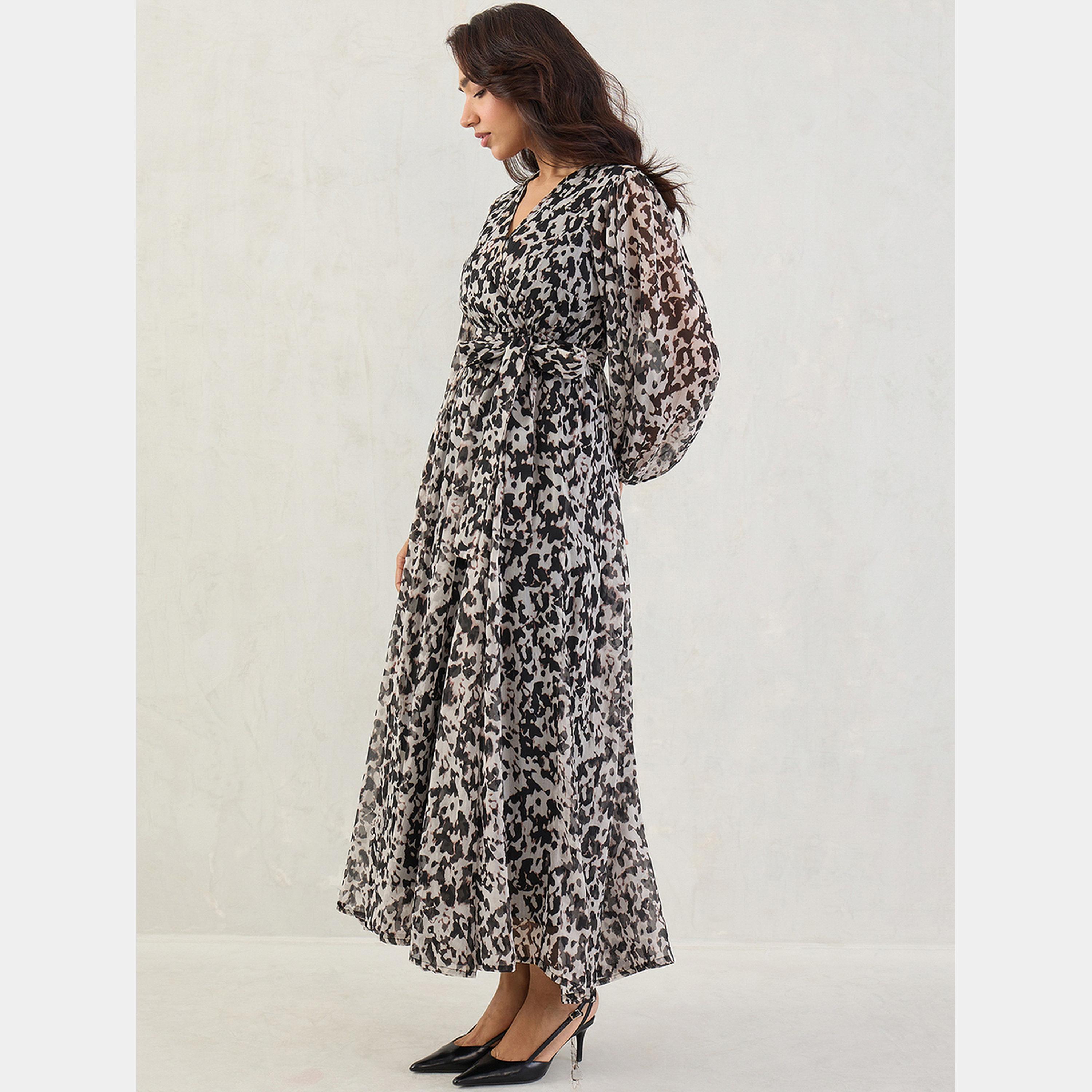 Femmella Black Abstract Print V-Neck Long Sleeves Women's Wrap Maxi Dress-women-clothing-dresses-image-3
