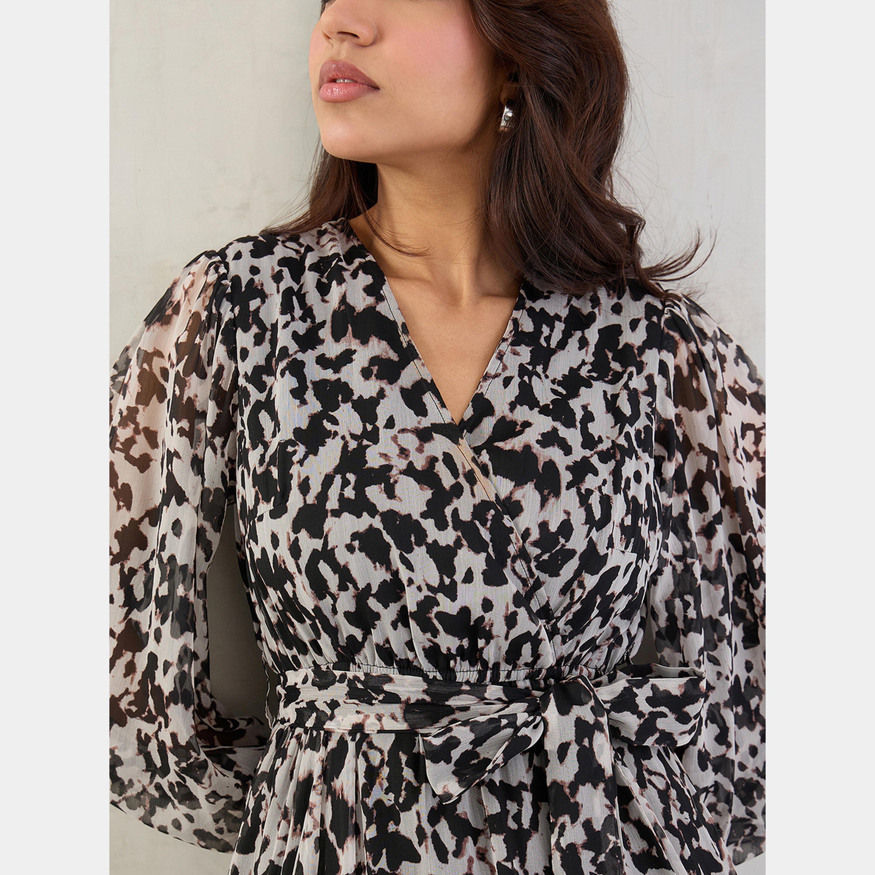 Femmella Black Abstract Print V-Neck Long Sleeves Women's Wrap Maxi Dress-women-clothing-dresses-image-4