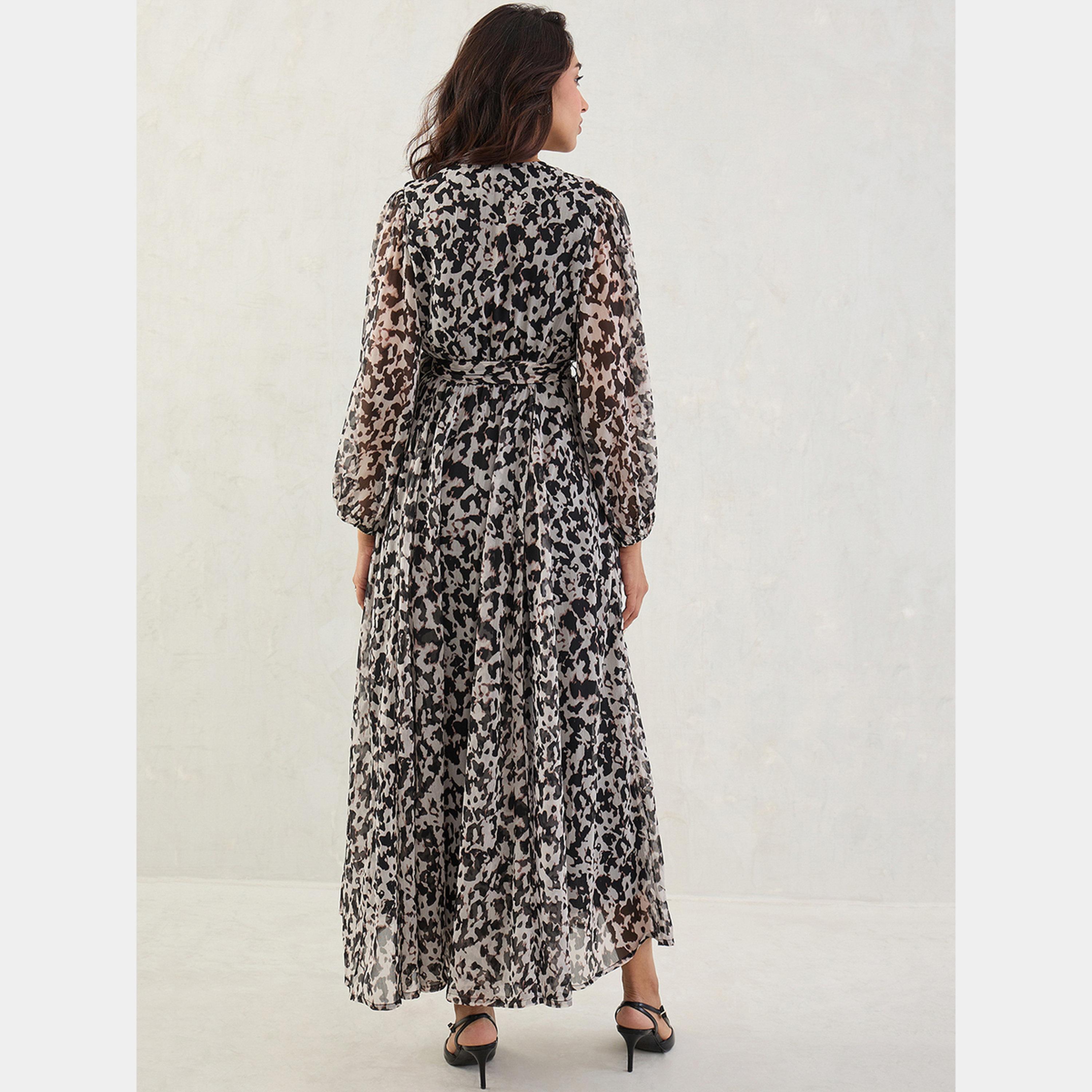 Femmella Black Abstract Print V-Neck Long Sleeves Women's Wrap Maxi Dress-women-clothing-dresses-image-5