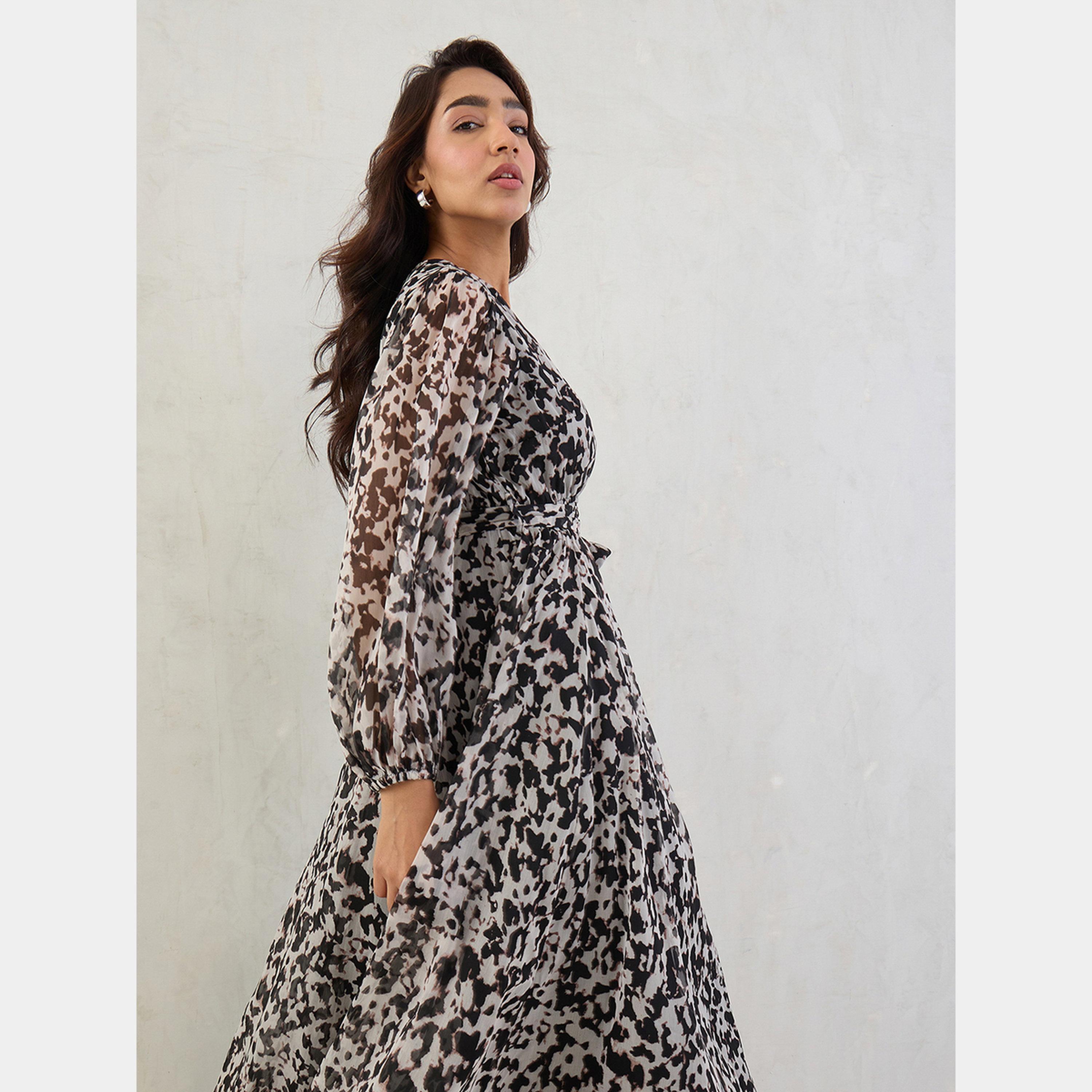 Femmella Black Abstract Print V-Neck Long Sleeves Women's Wrap Maxi Dress-women-clothing-dresses-image-6