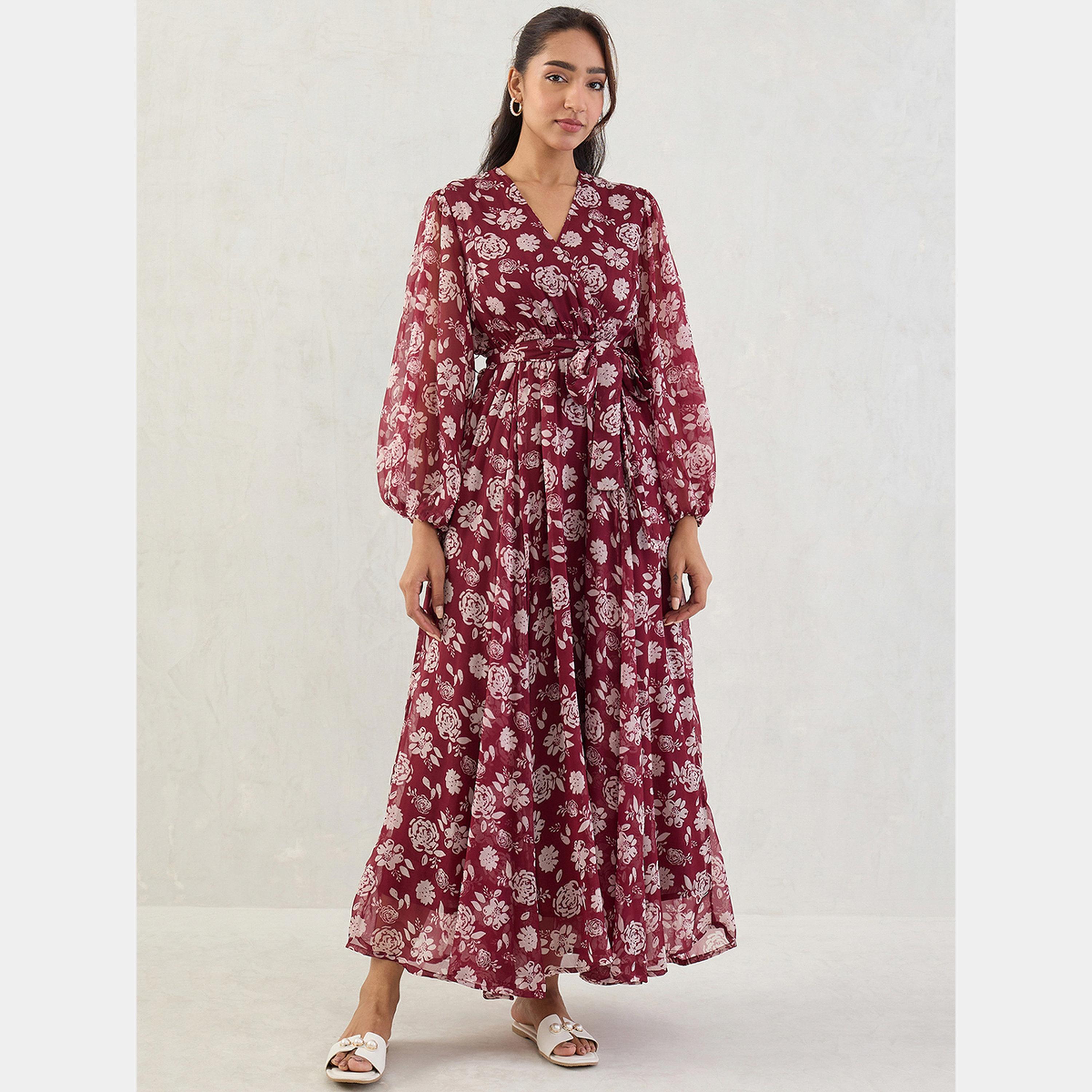 Femmella Deep Red Floral Print V-Neck Balloon Sleeves Women's Wrap Maxi Dress-women-clothing-dresses-image-1