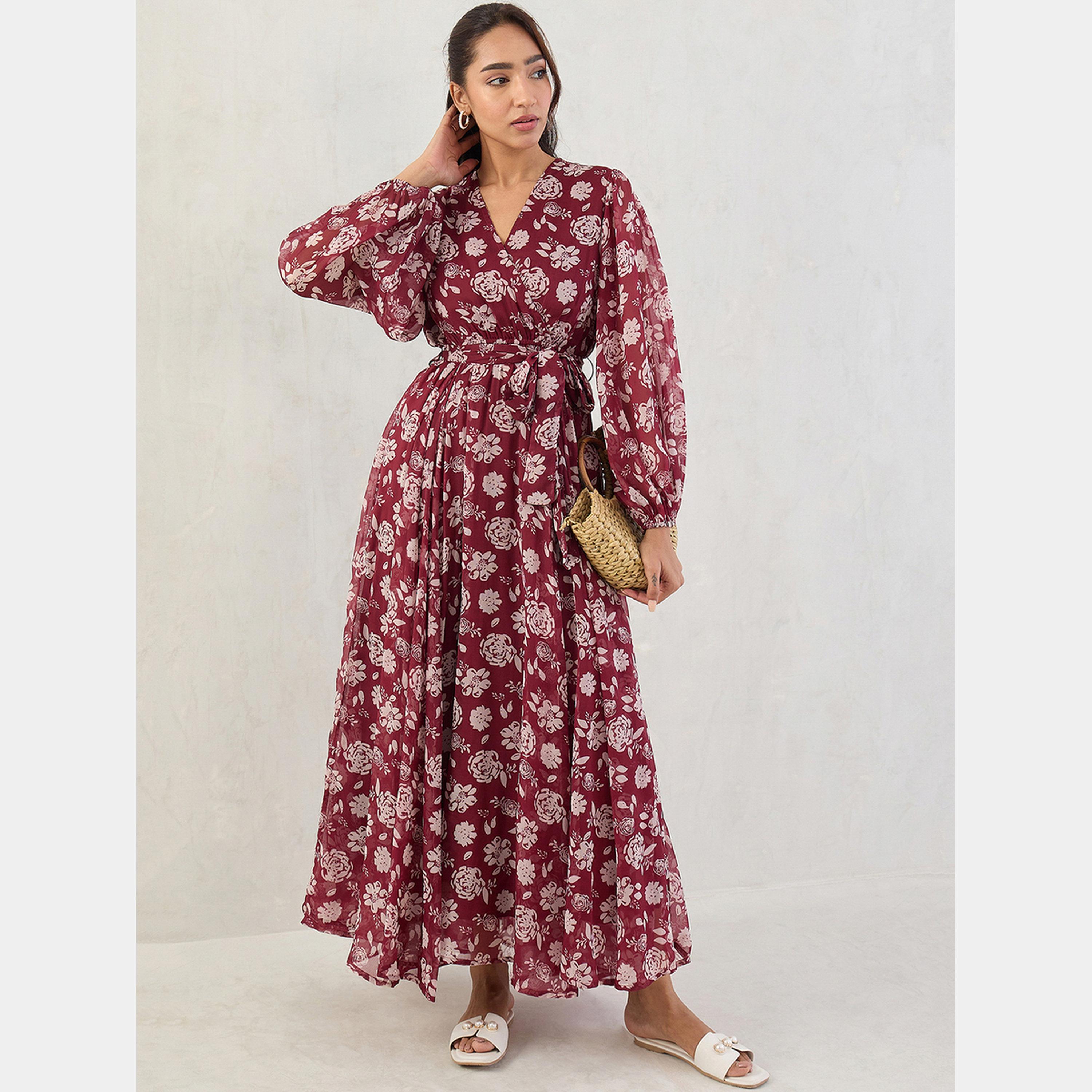 Femmella Deep Red Floral Print V-Neck Balloon Sleeves Women's Wrap Maxi Dress-women-clothing-dresses-image-2