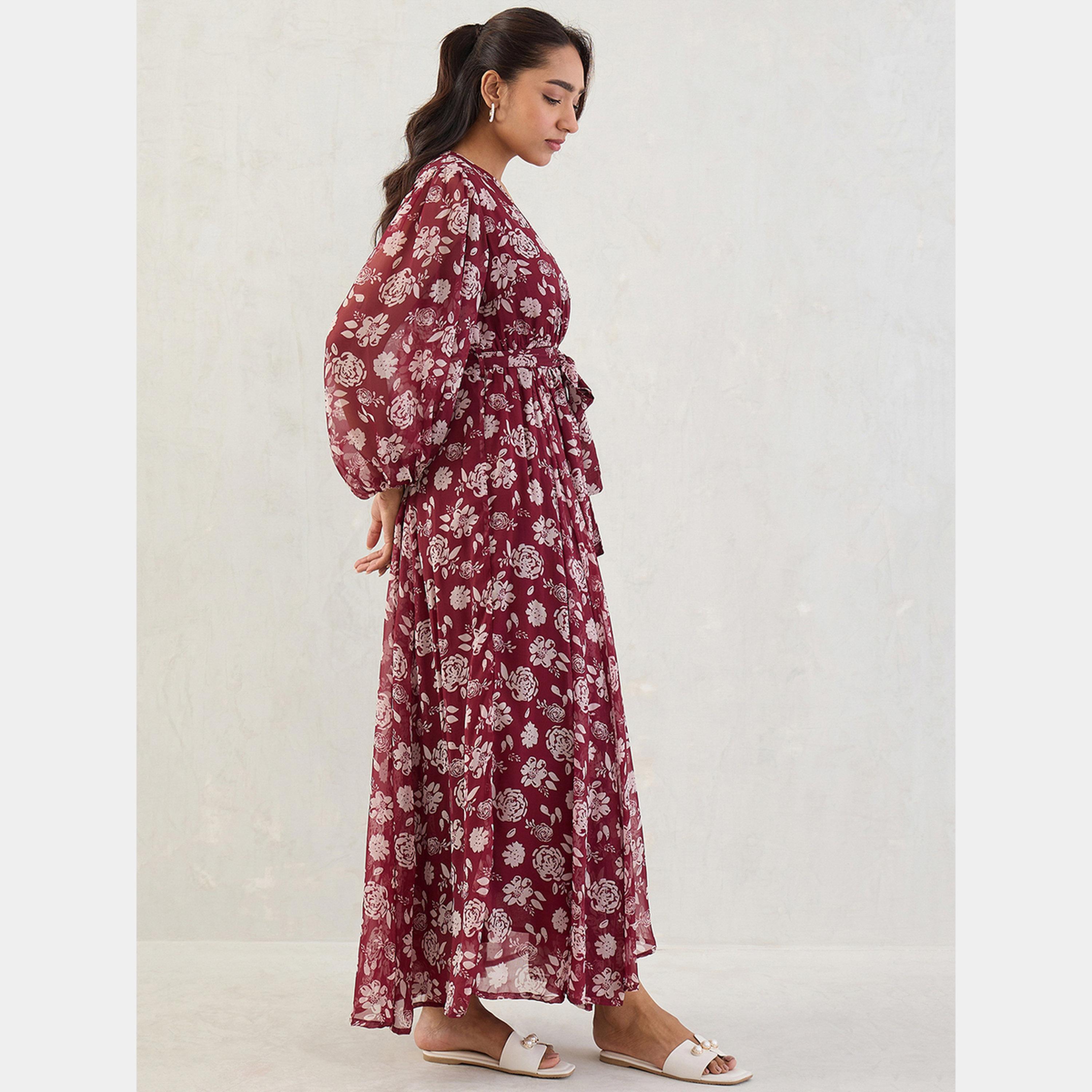 Femmella Deep Red Floral Print V-Neck Balloon Sleeves Women's Wrap Maxi Dress-women-clothing-dresses-image-3