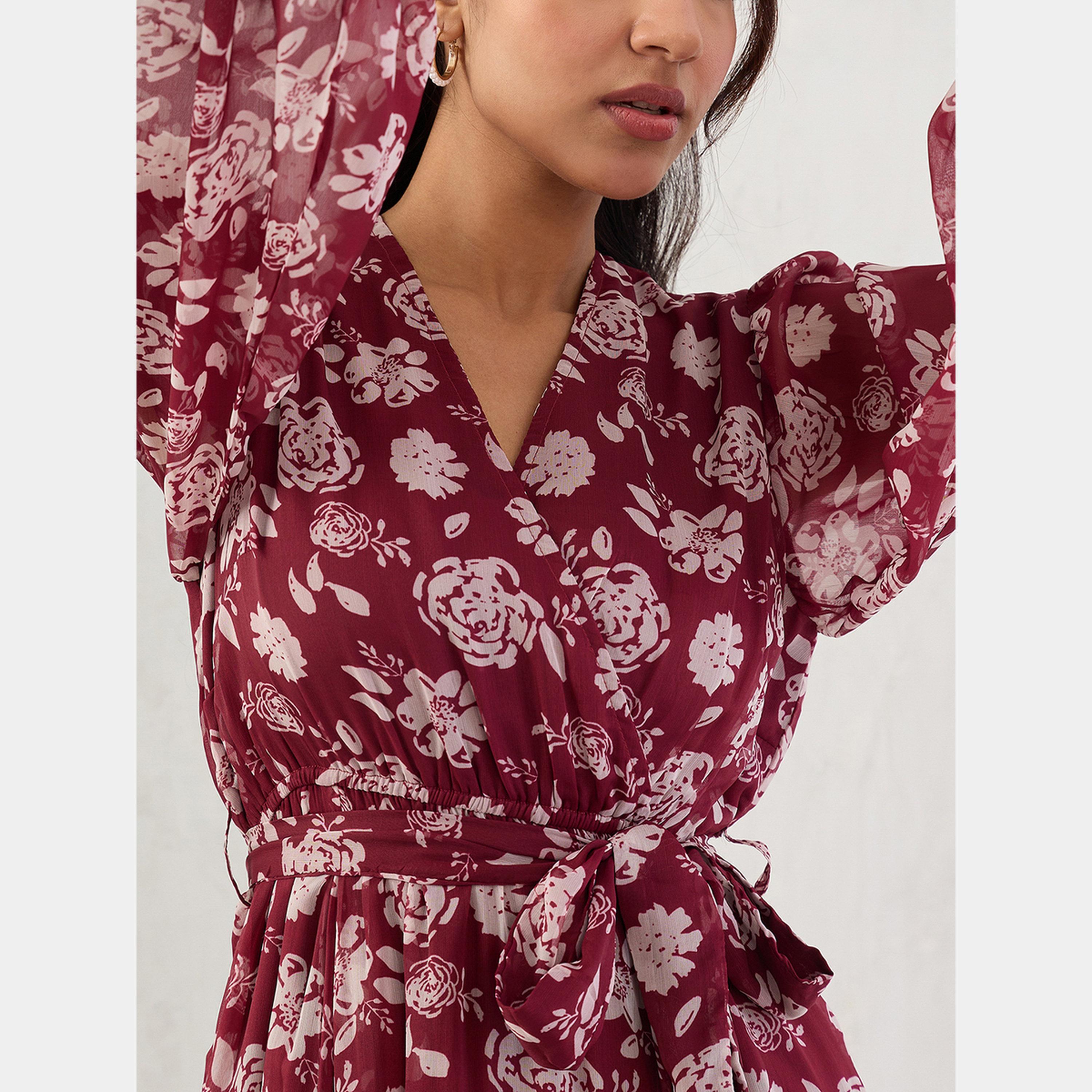 Femmella Deep Red Floral Print V-Neck Balloon Sleeves Women's Wrap Maxi Dress-women-clothing-dresses-image-4