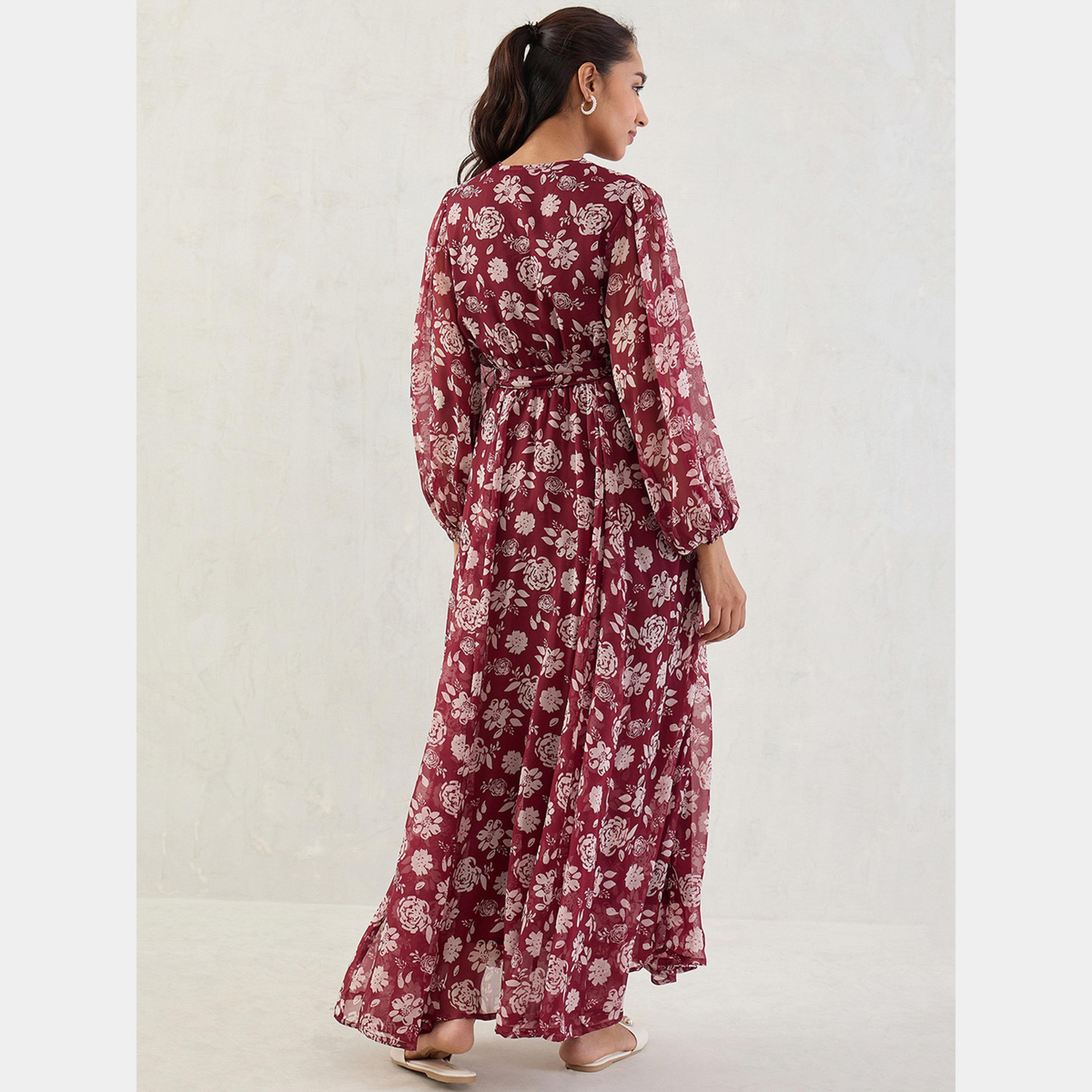 Femmella Deep Red Floral Print V-Neck Balloon Sleeves Women's Wrap Maxi Dress-women-clothing-dresses-image-5