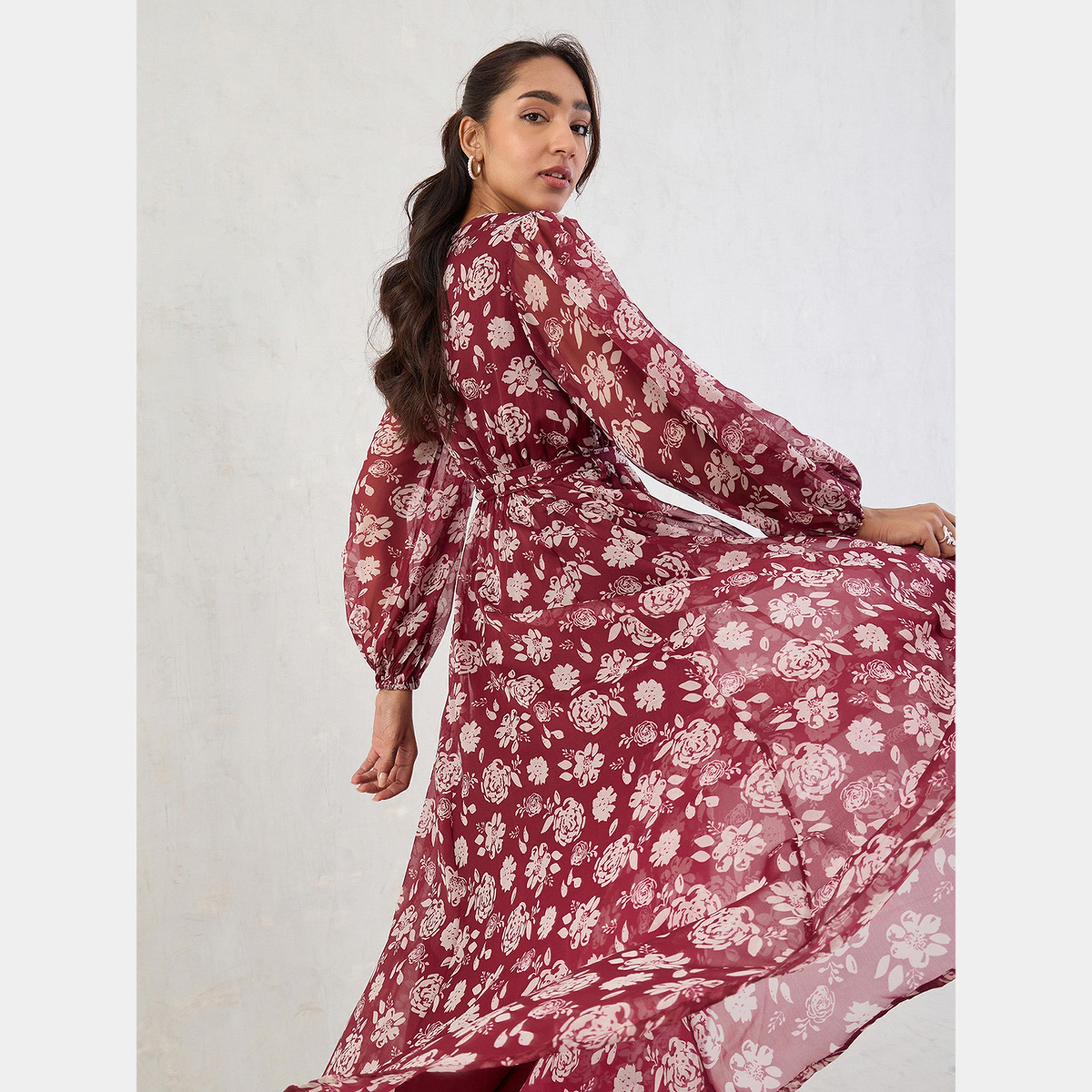 Femmella Deep Red Floral Print V-Neck Balloon Sleeves Women's Wrap Maxi Dress-women-clothing-dresses-image-6