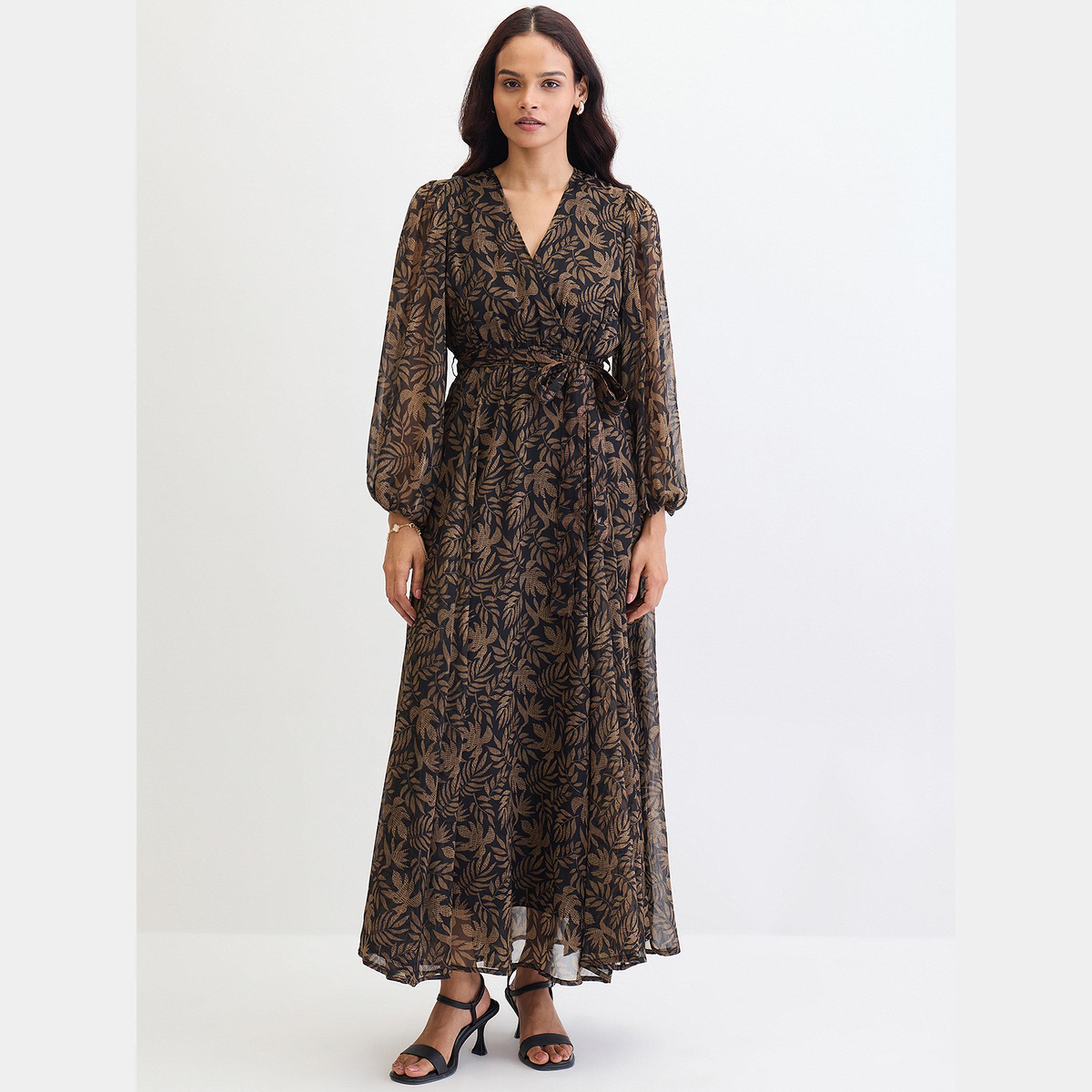 Femmella Black Leaf Print V-Neck Balloon Sleeves Women's Wrap Maxi Dress-women-clothing-dresses-image-1