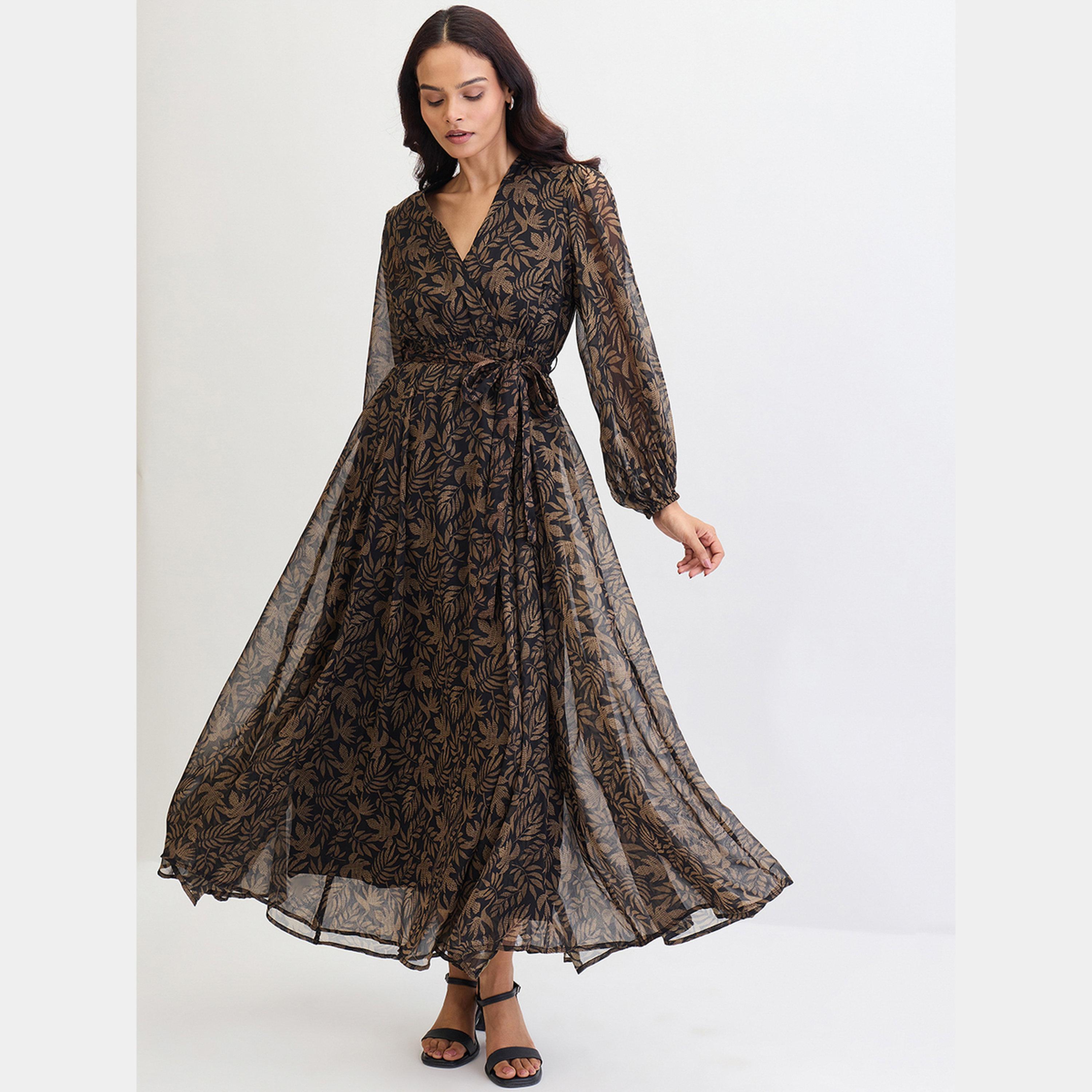 Femmella Black Leaf Print V-Neck Balloon Sleeves Women's Wrap Maxi Dress-women-clothing-dresses-image-2