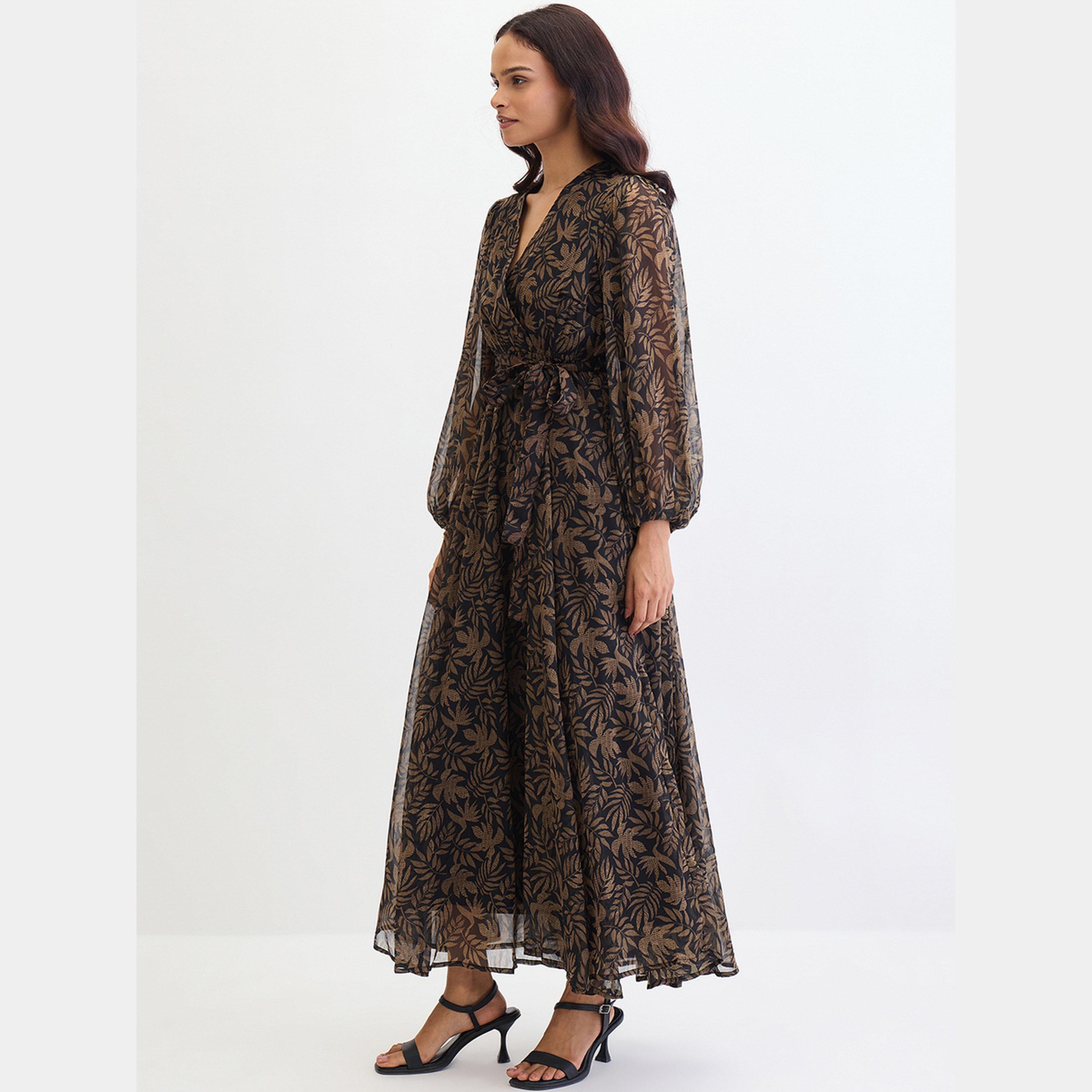 Femmella Black Leaf Print V-Neck Balloon Sleeves Women's Wrap Maxi Dress-women-clothing-dresses-image-3
