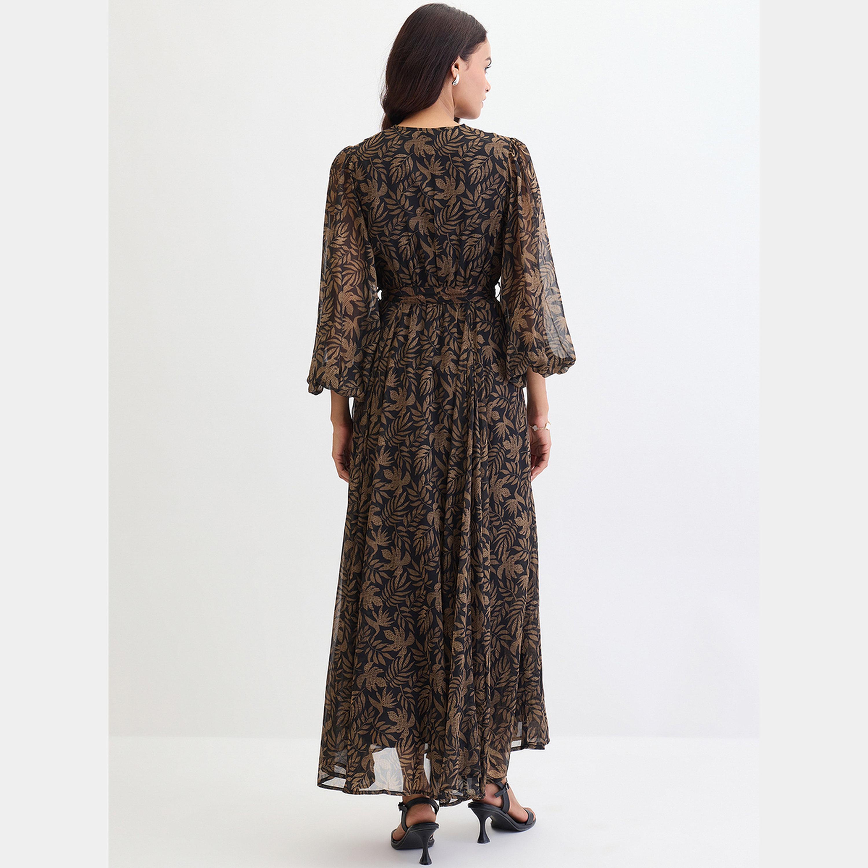 Femmella Black Leaf Print V-Neck Balloon Sleeves Women's Wrap Maxi Dress-women-clothing-dresses-image-4