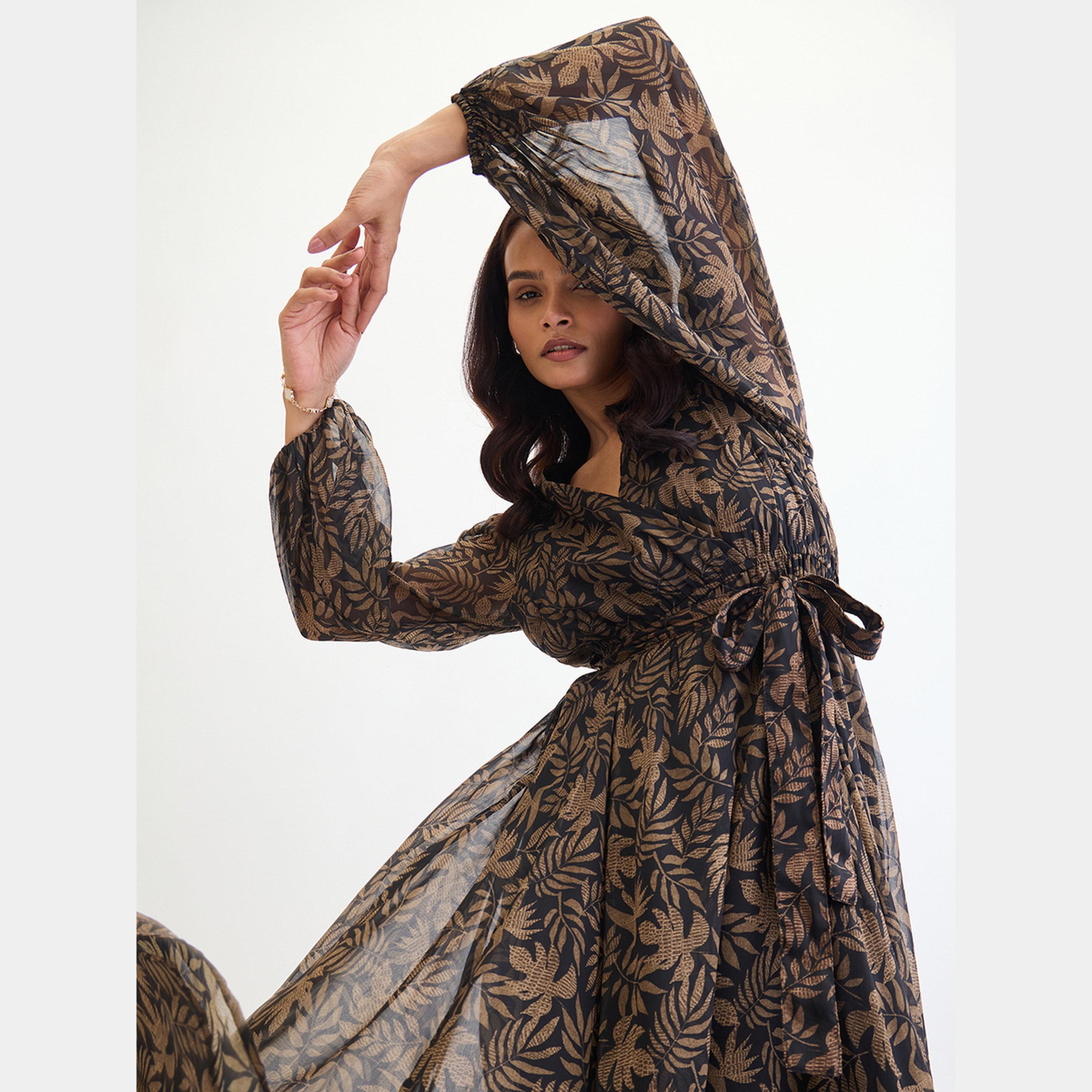 Femmella Black Leaf Print V-Neck Balloon Sleeves Women's Wrap Maxi Dress-women-clothing-dresses-image-5