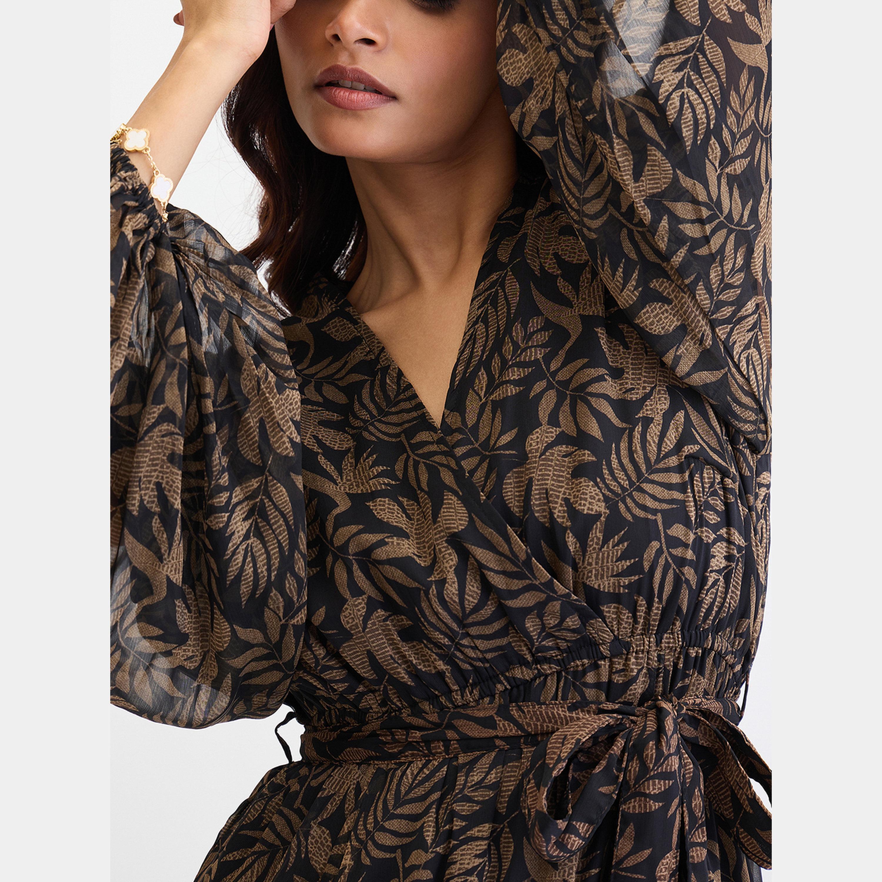 Femmella Black Leaf Print V-Neck Balloon Sleeves Women's Wrap Maxi Dress-women-clothing-dresses-image-6