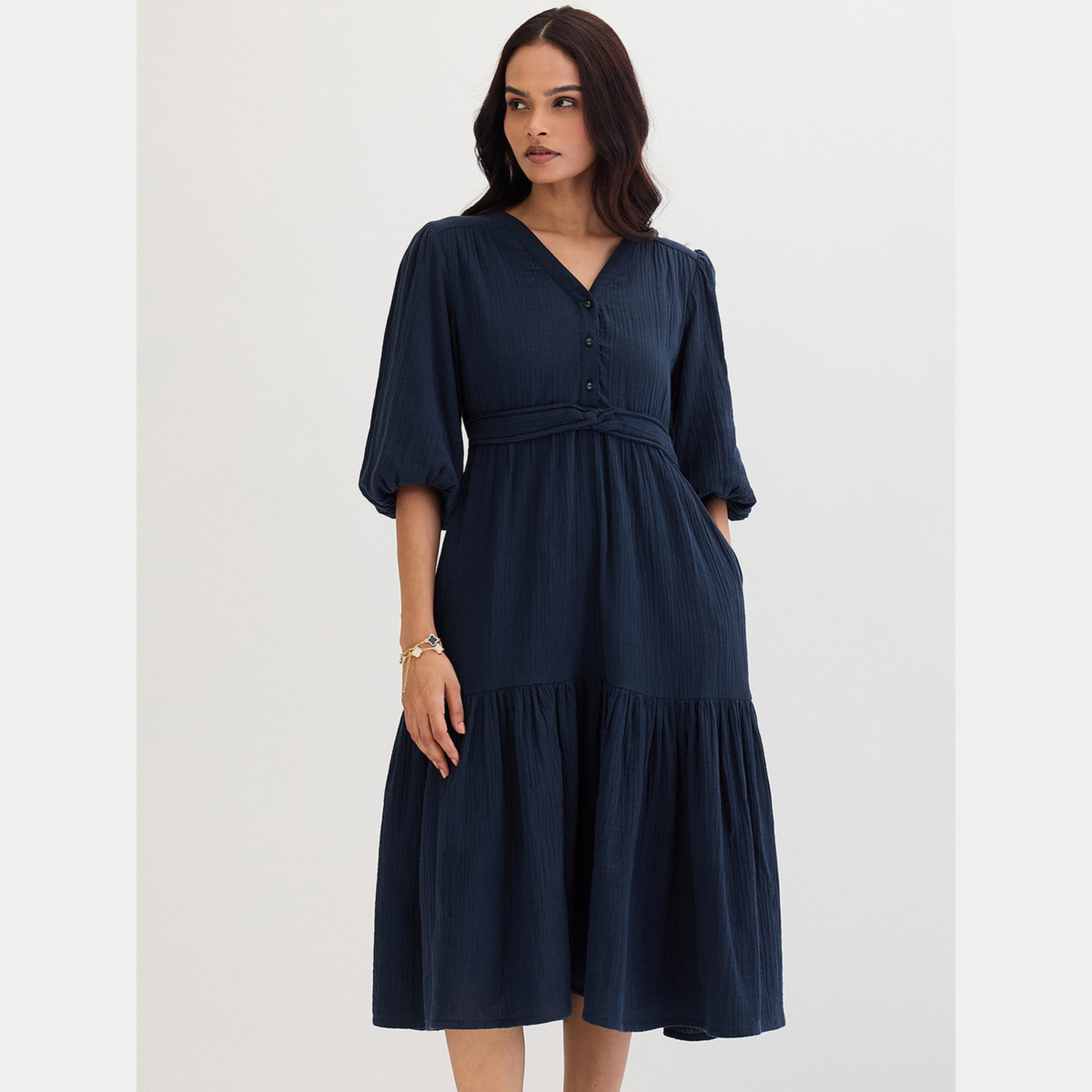 فستان ميدي قطني بتفصيلة عقدة أمامية-women-clothing-dresses-image-1