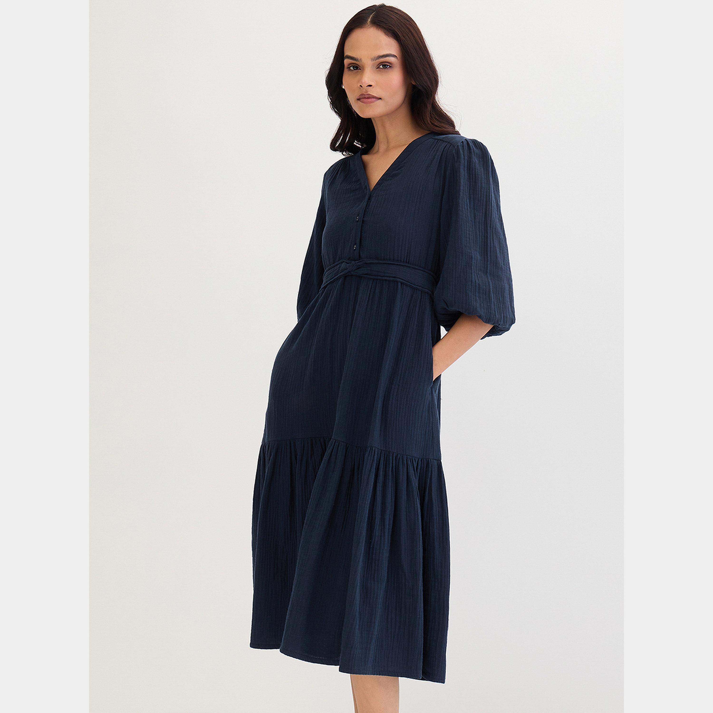 فستان ميدي قطني بتفصيلة عقدة أمامية-women-clothing-dresses-image-2