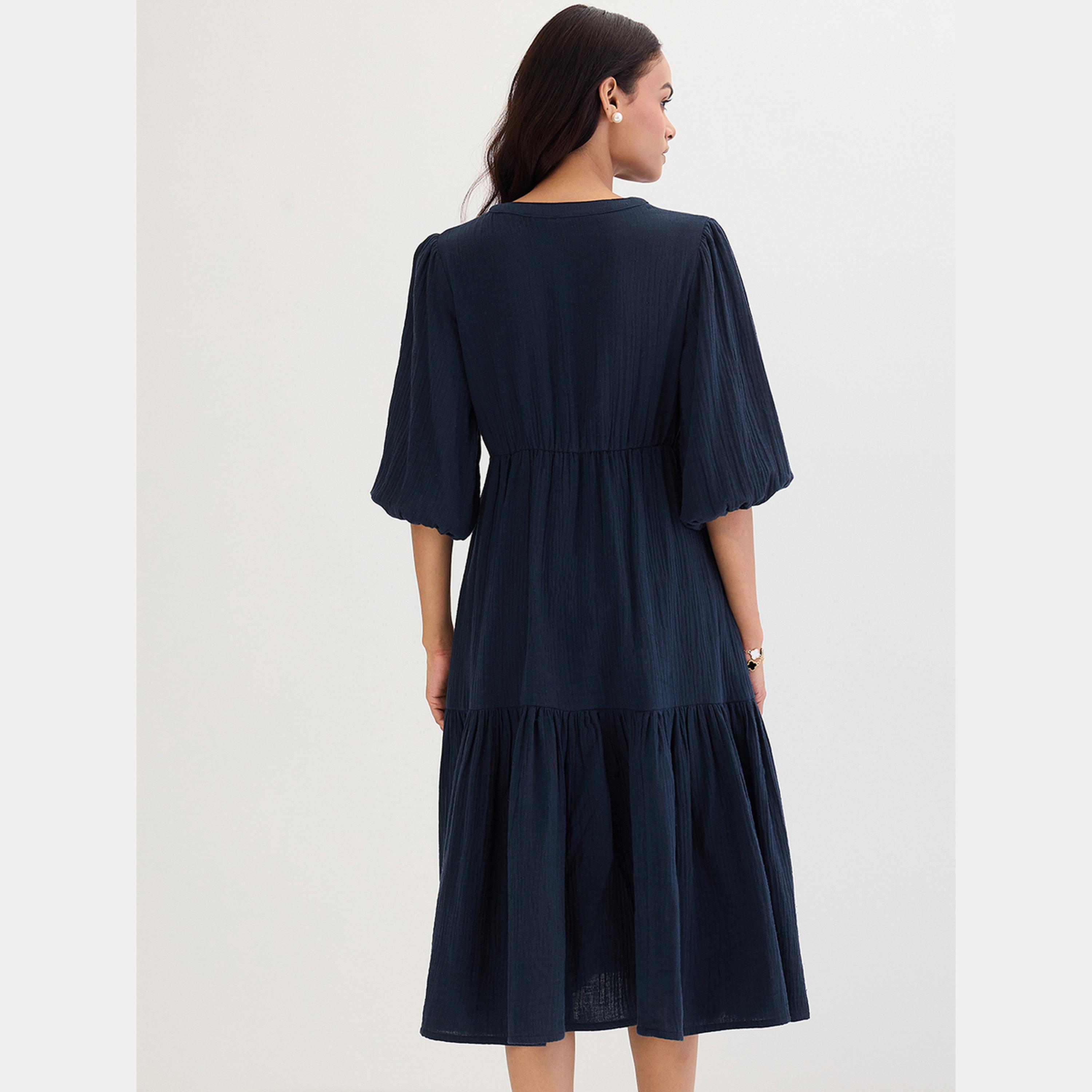 فستان ميدي قطني بتفصيلة عقدة أمامية-women-clothing-dresses-image-3